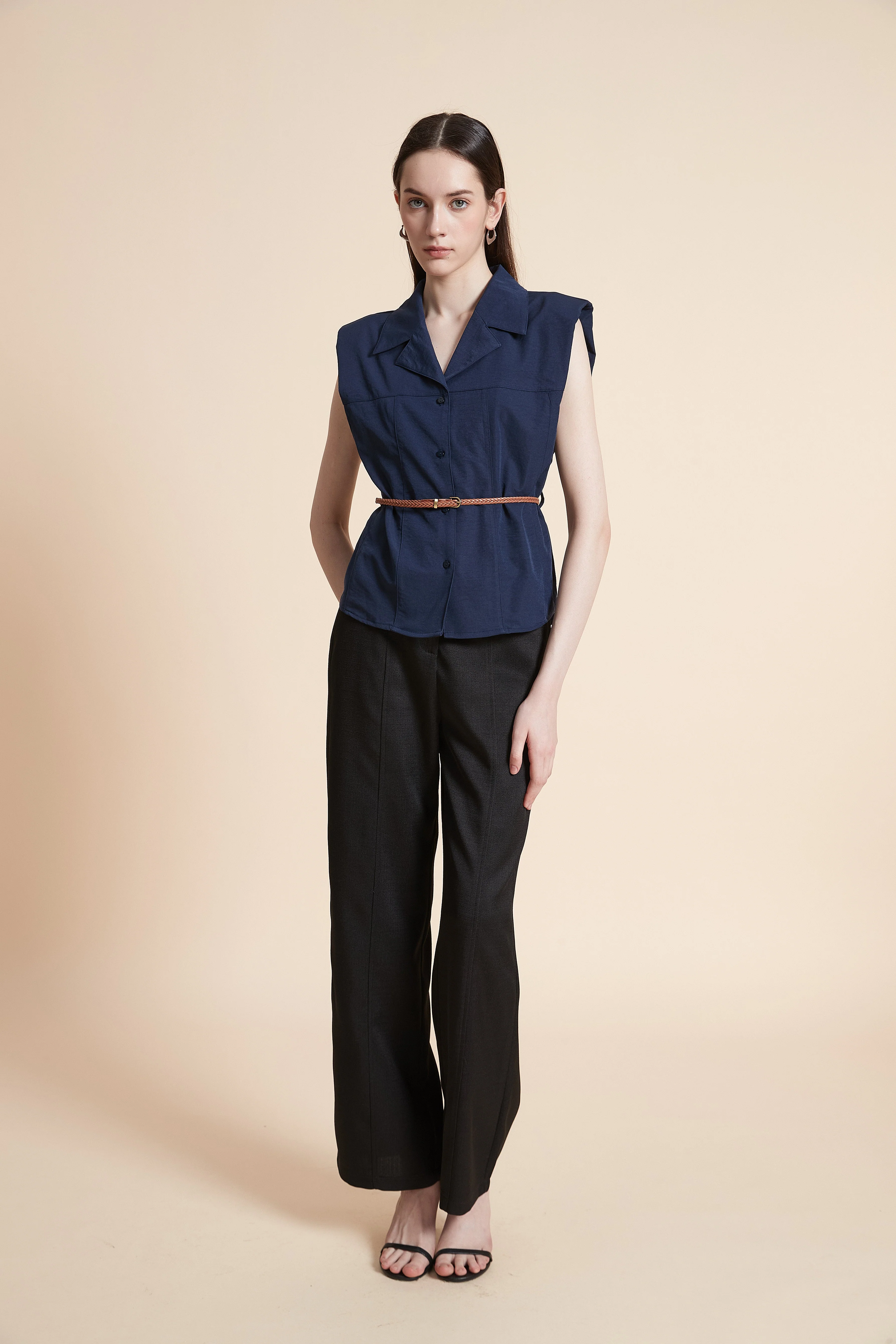 Solid Sleeveless Shirt with Waist Belt - Image 2