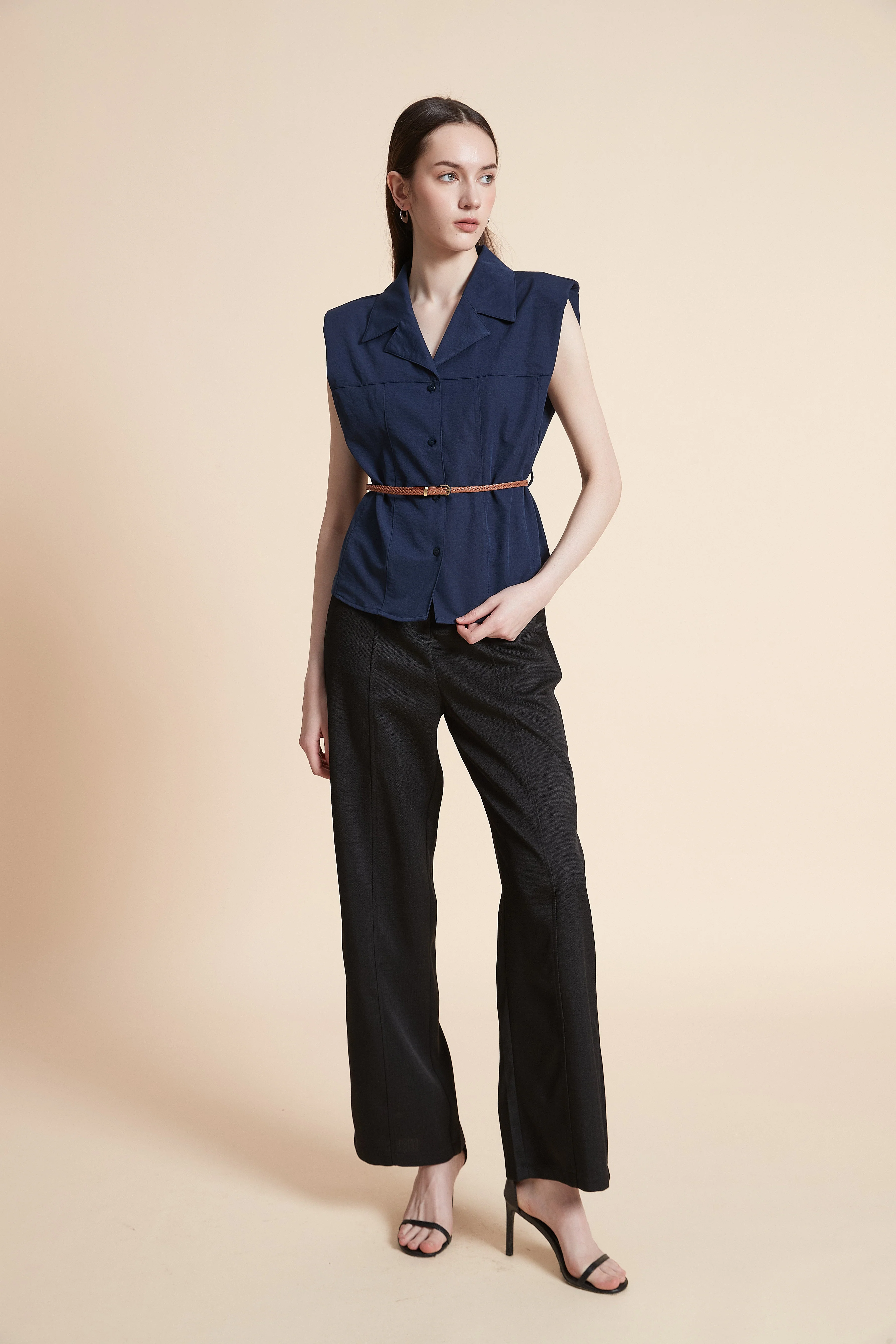 Solid Sleeveless Shirt with Waist Belt - Image 5