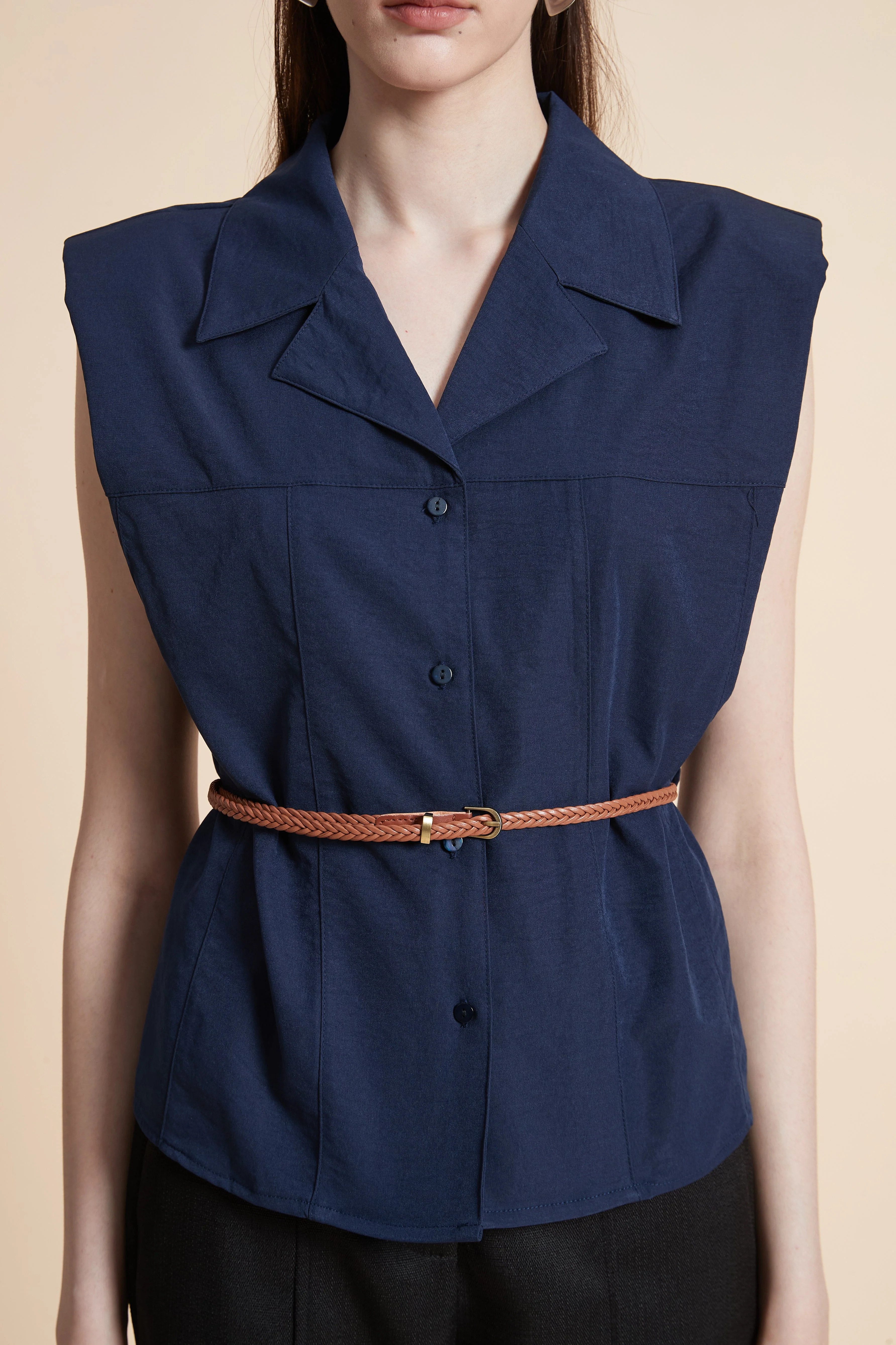 Solid Sleeveless Shirt with Waist Belt - Image 6
