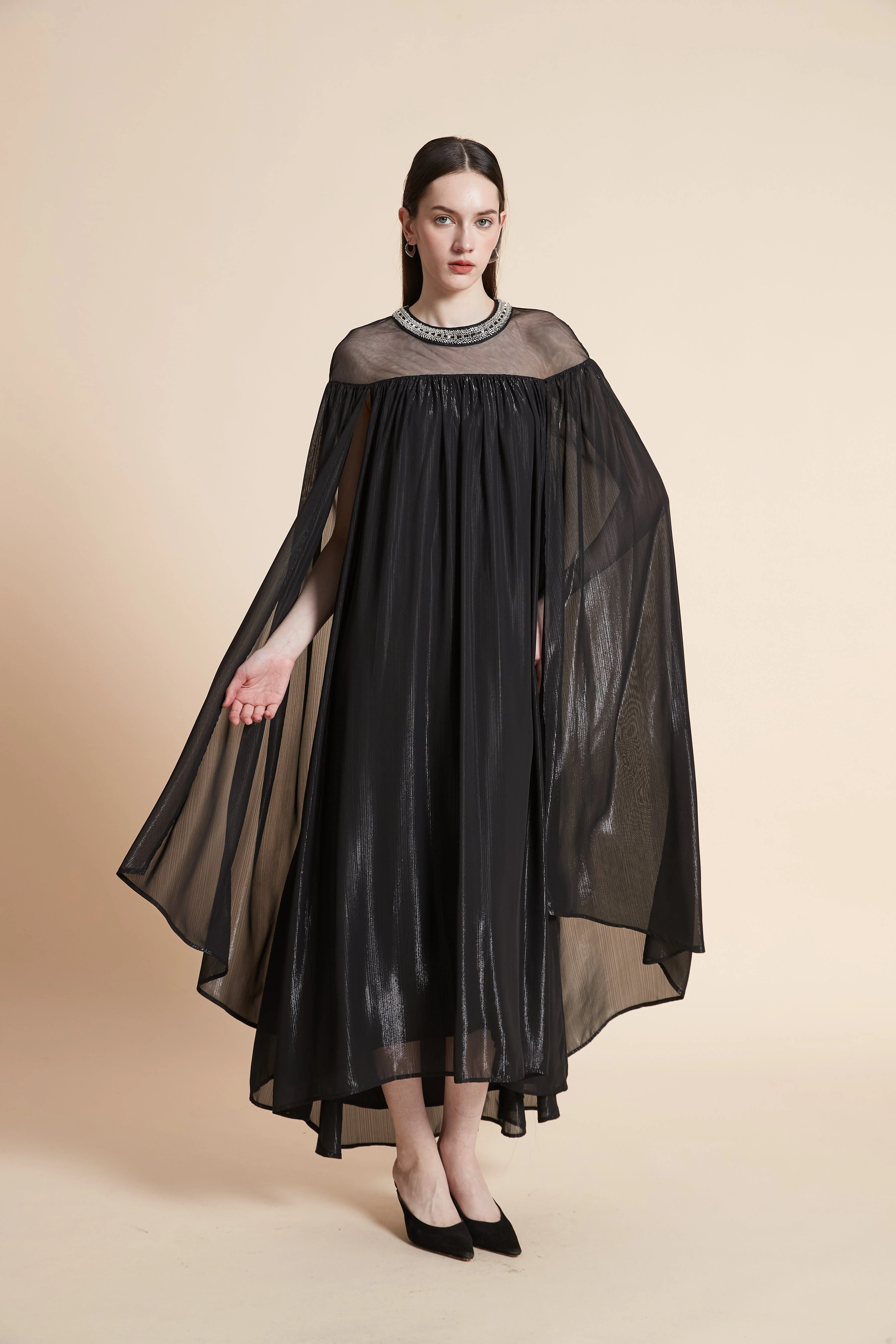 Solid Maxi Dress with Butterfly Sleeves - Image 2