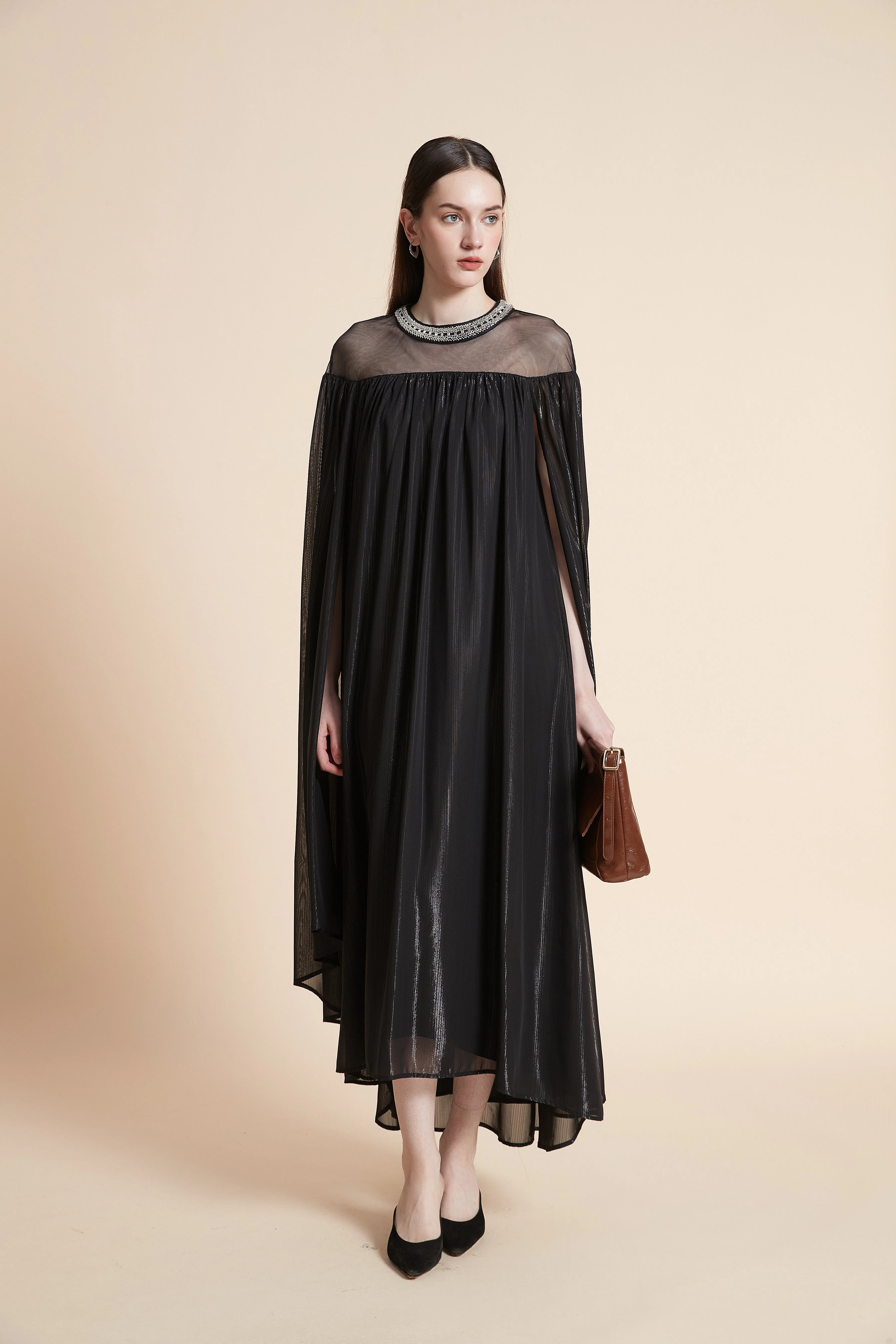 Solid Maxi Dress with Butterfly Sleeves - Image 3