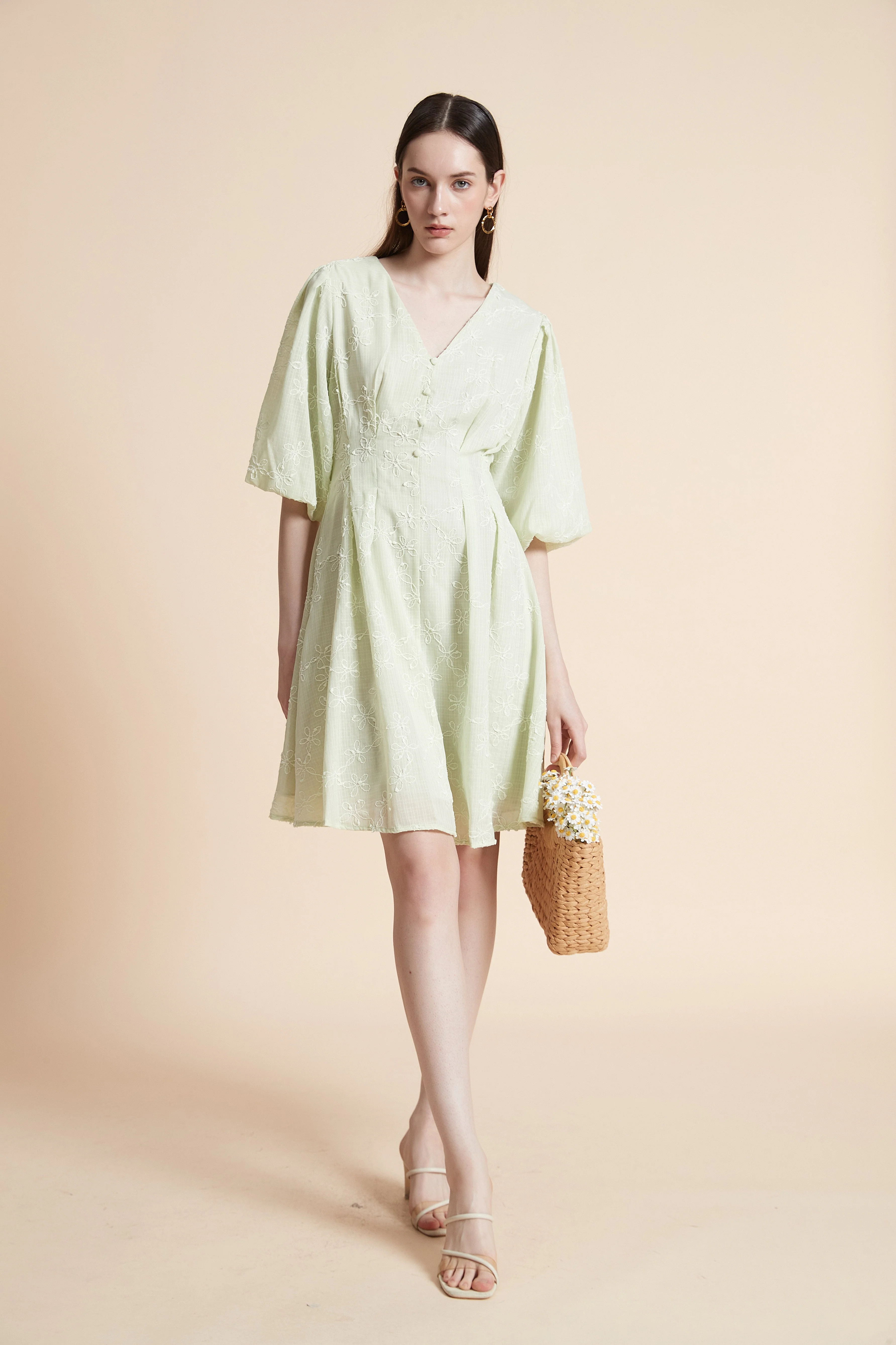 Knee-Length Embroidered Dress with Short Sleeves