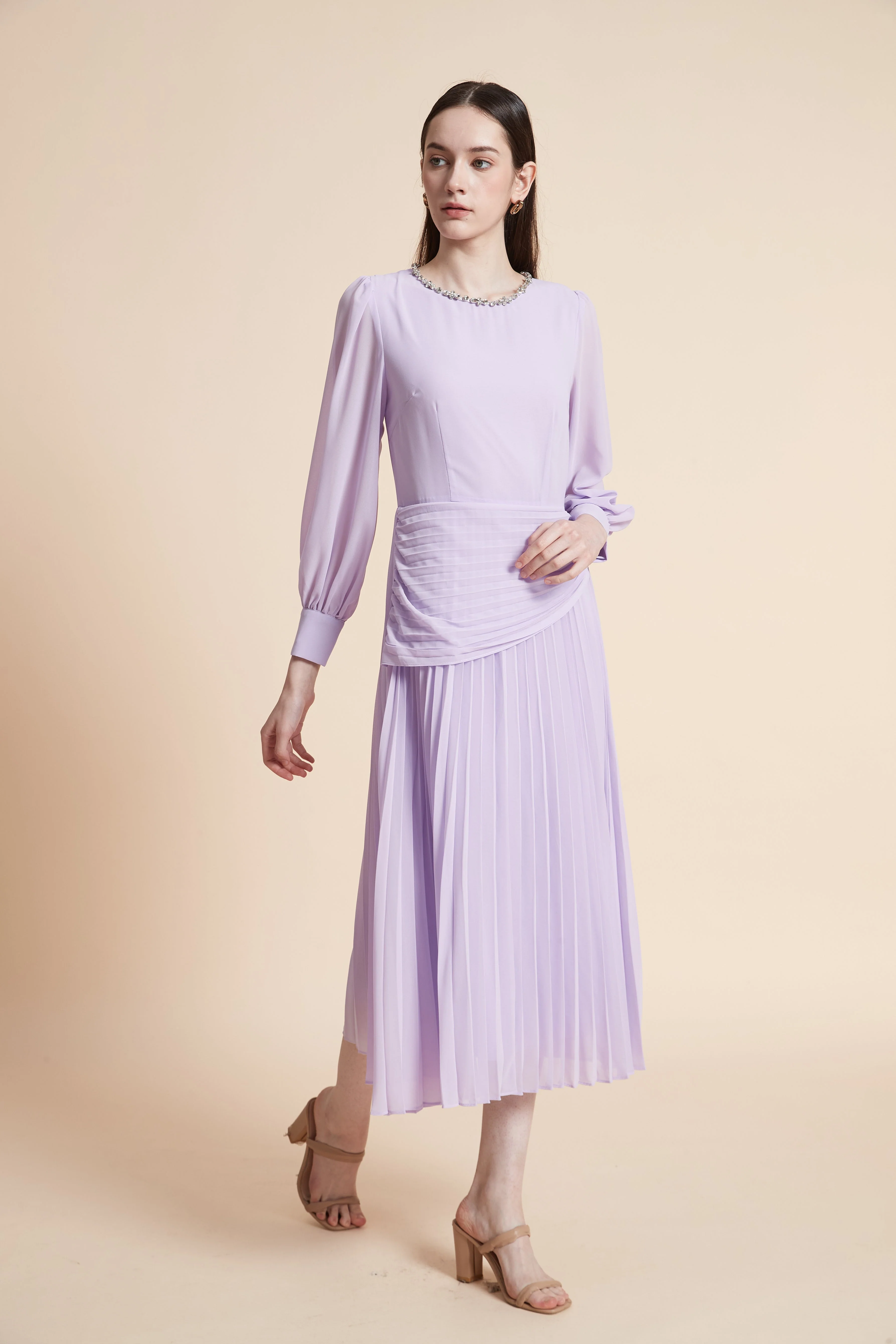 Long Sleeve Pleated Midi Dress - Image 2
