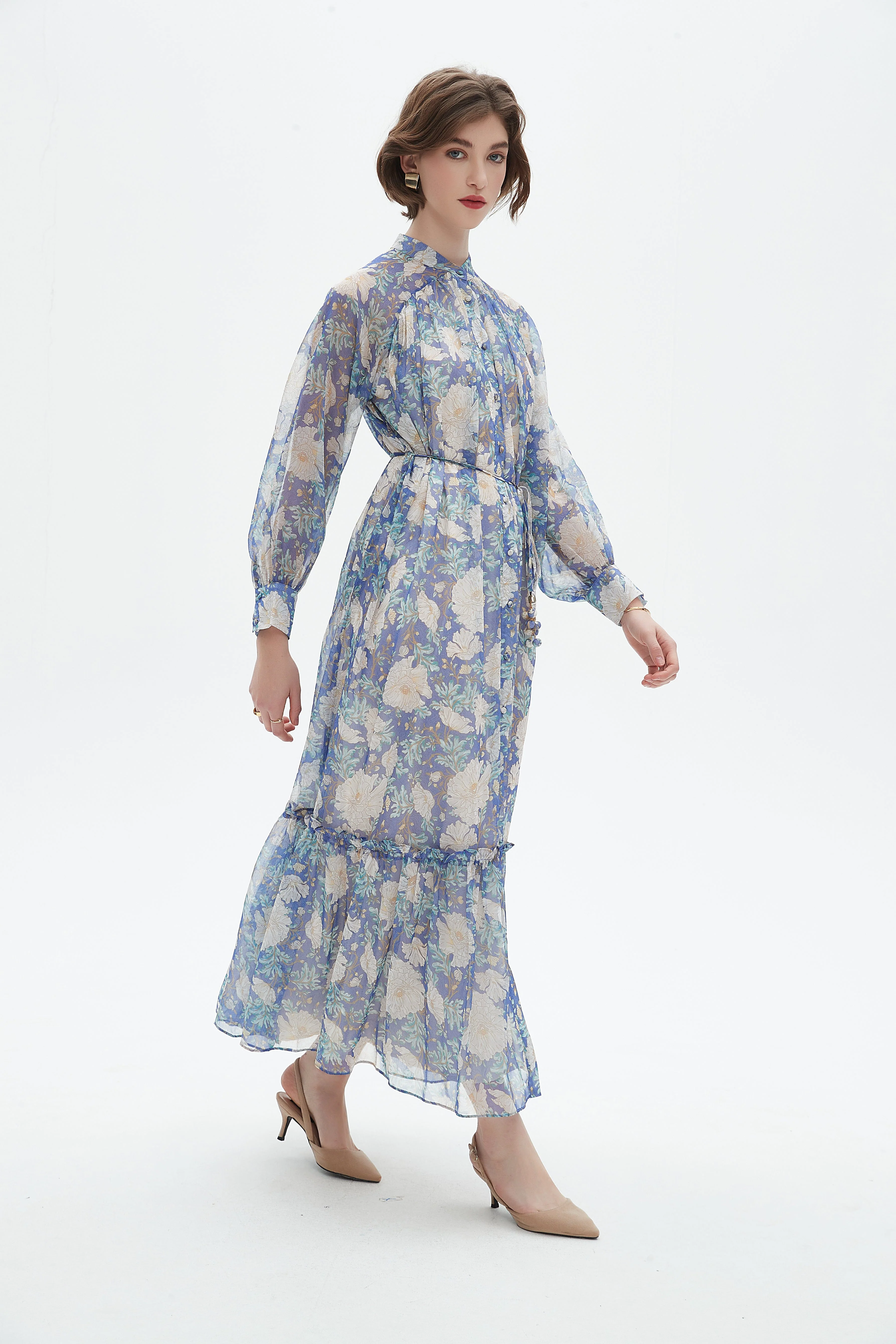 Floral Long-Sleeve Midi Dress