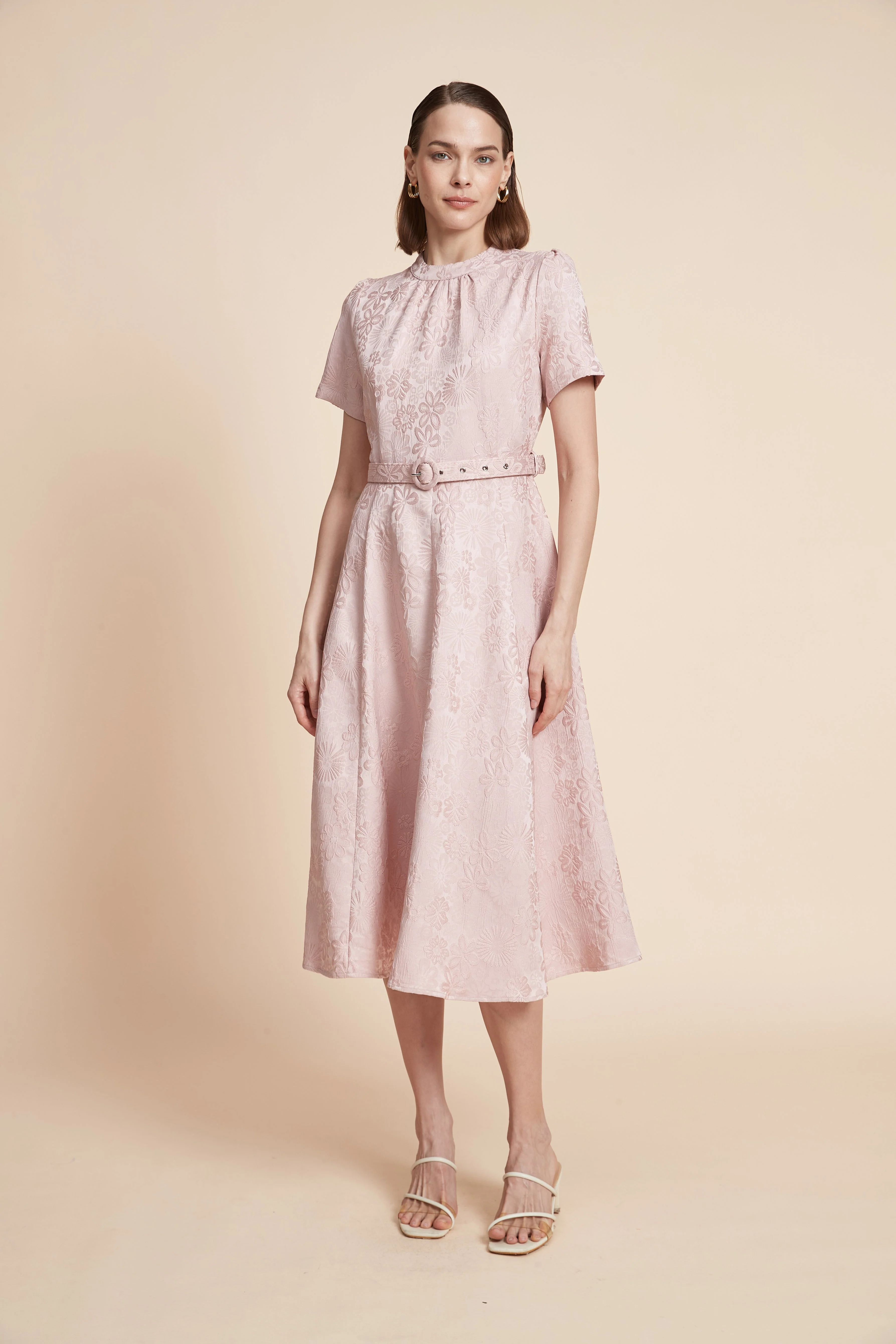 Print Midi Dress With Short Sleeves And A Belt - Image 9