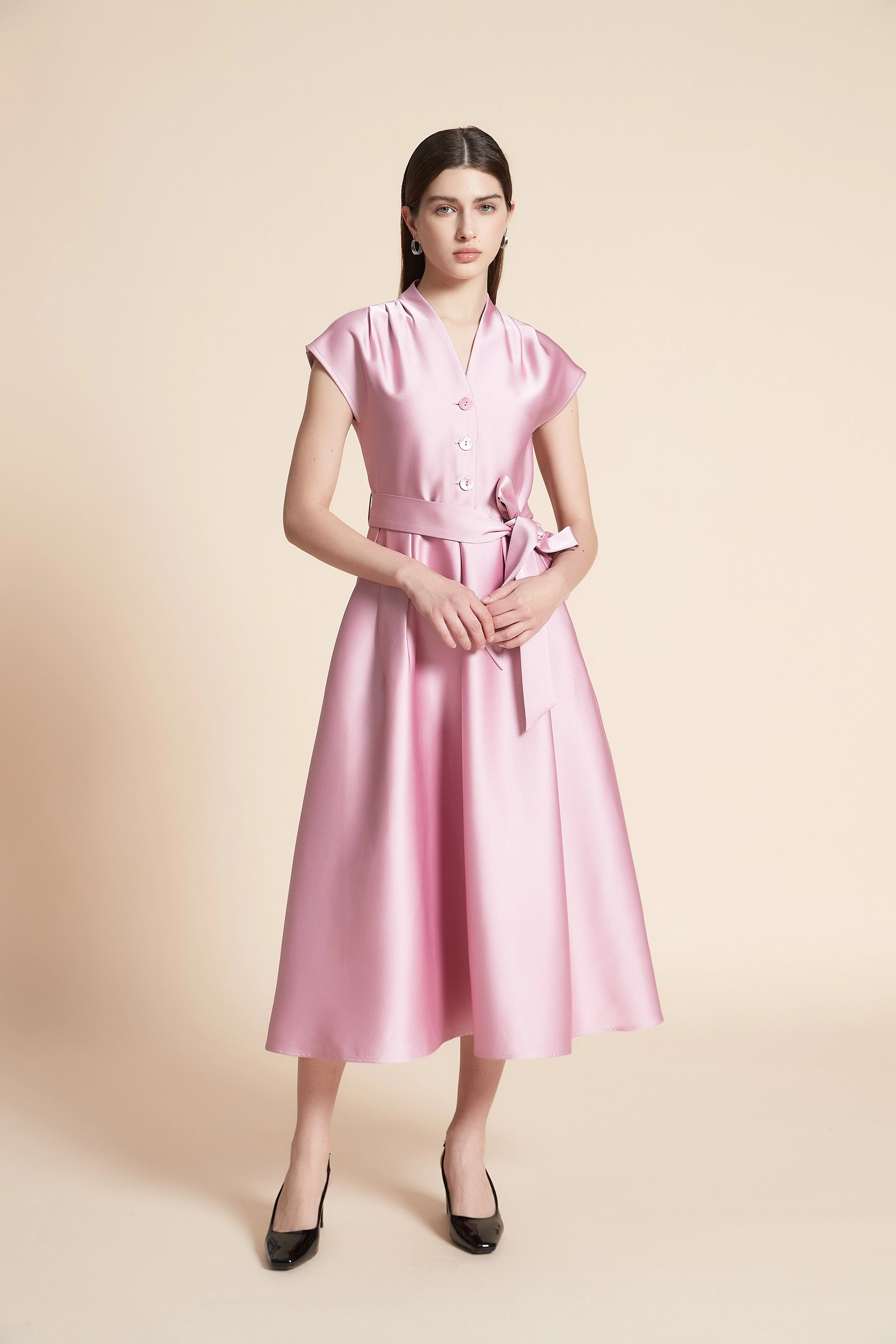 Plain Sleeveless Midi Dress With Belt
