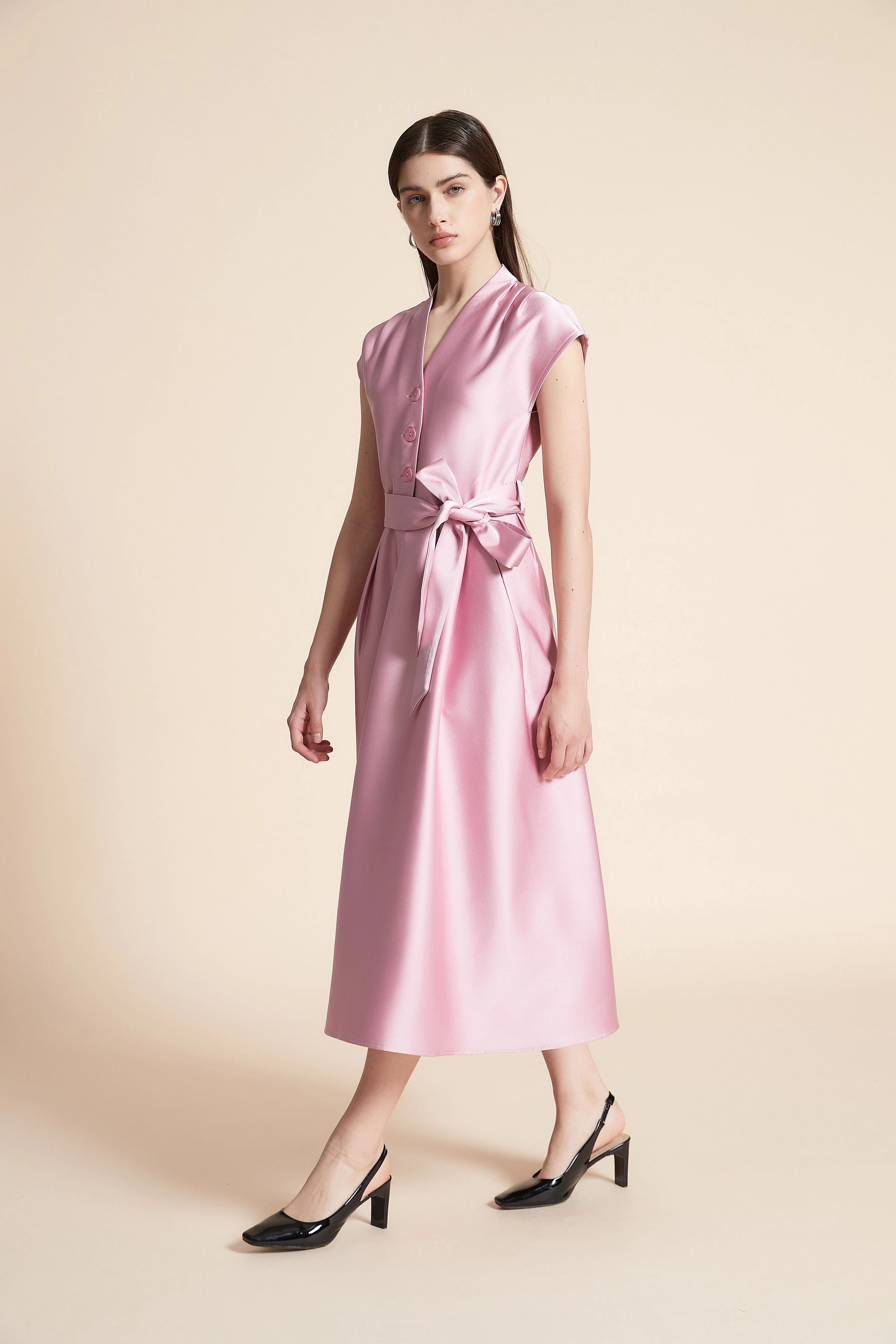 Plain Sleeveless Midi Dress With Belt - Image 3