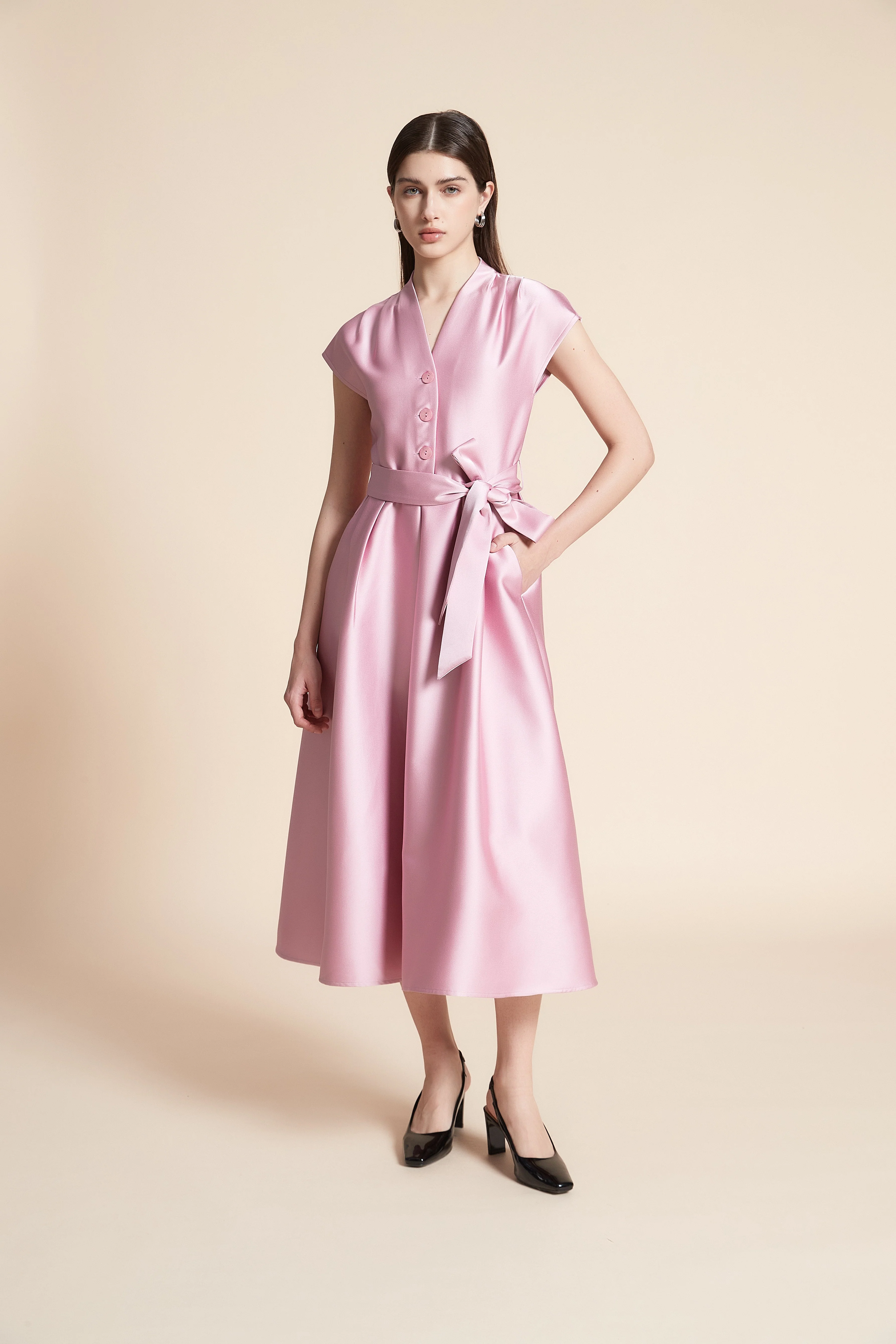 Plain Sleeveless Midi Dress With Belt - Image 5