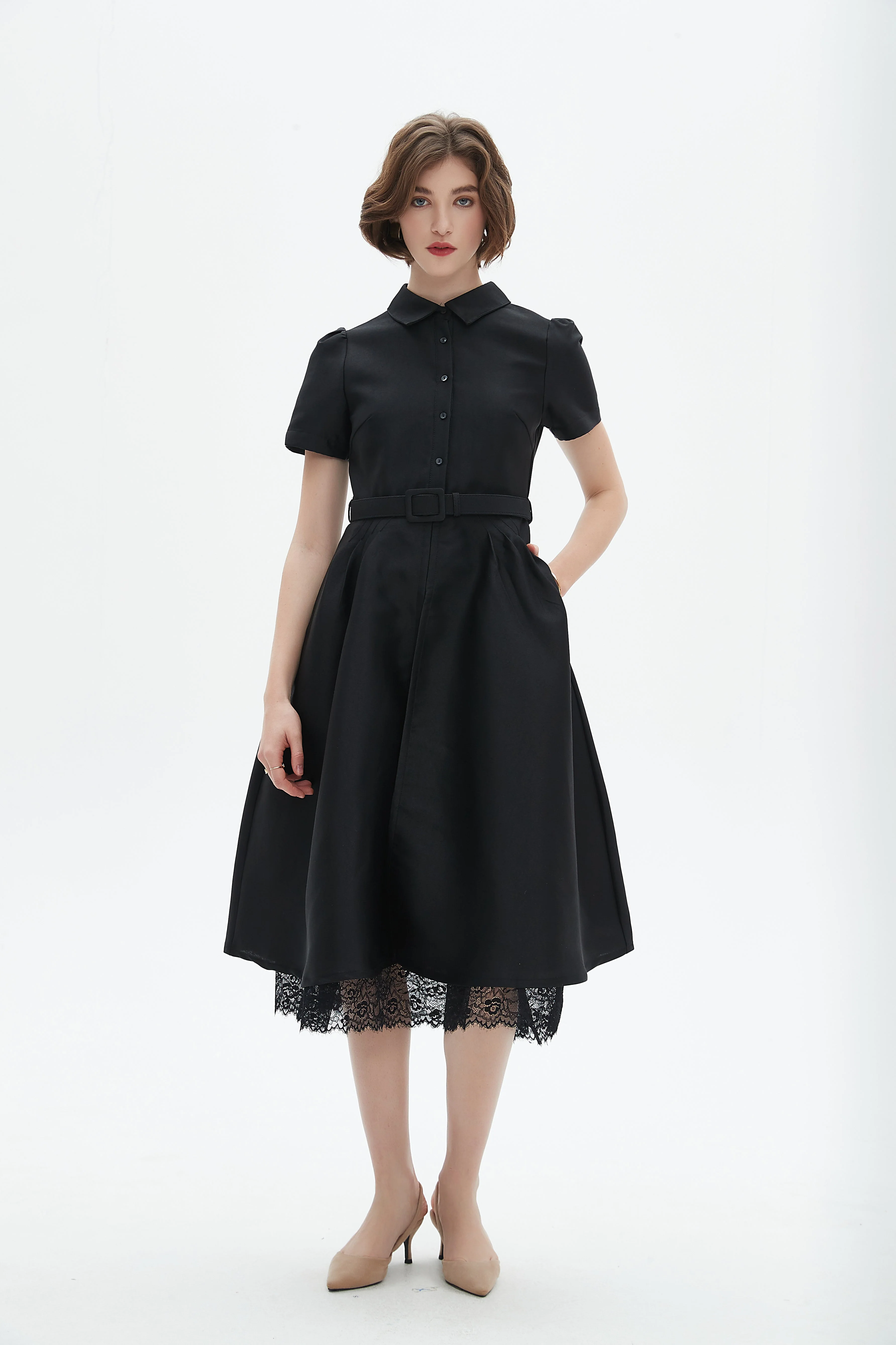 Knee-Length Half-Sleeve Dress With Lace Detailing
