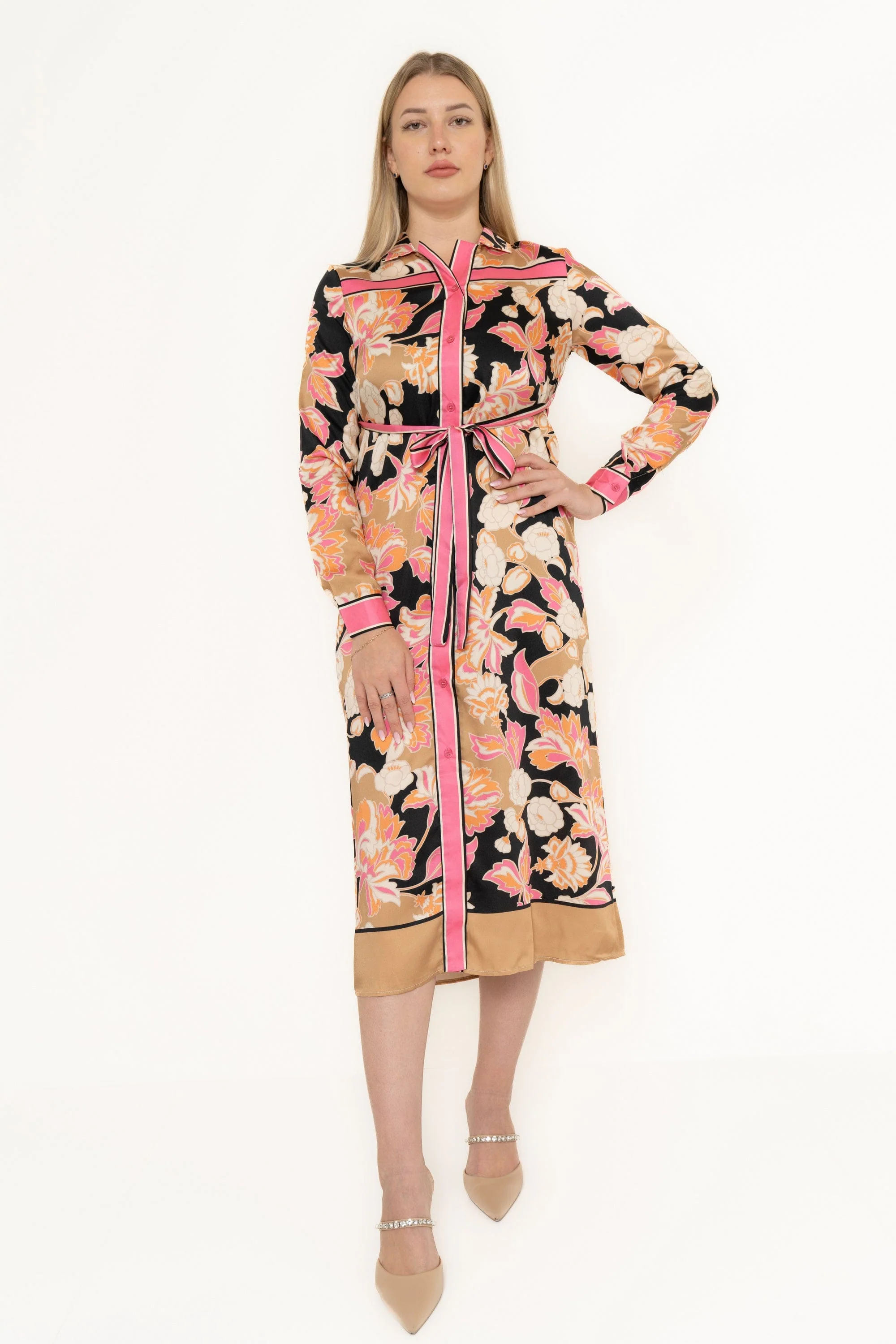 Printed Colorful Midi Dress With Long Sleeves - Image 3