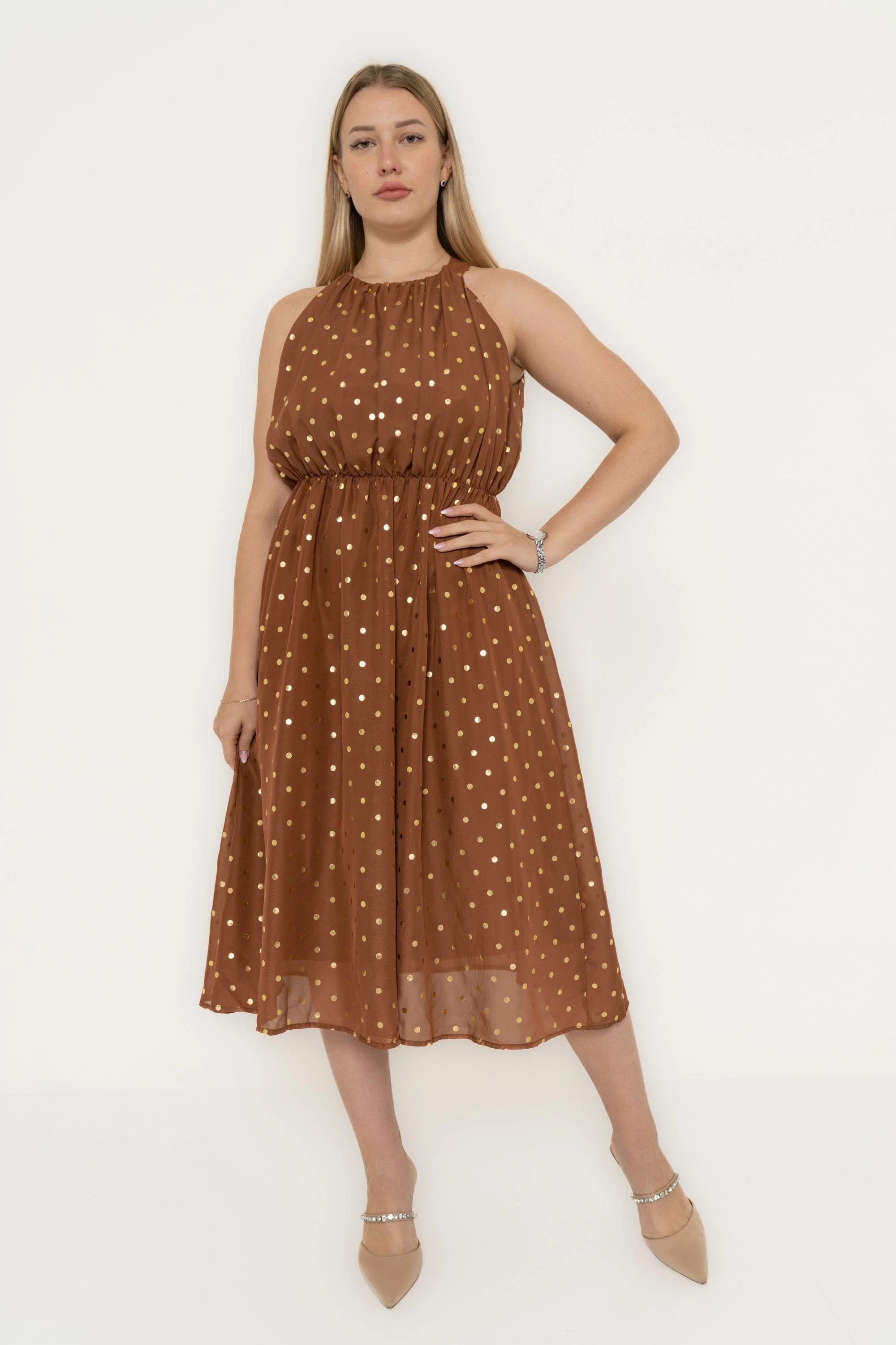 Midi Cut Dress With Ruffled Waist In Polka Dot Chiffon - Image 2