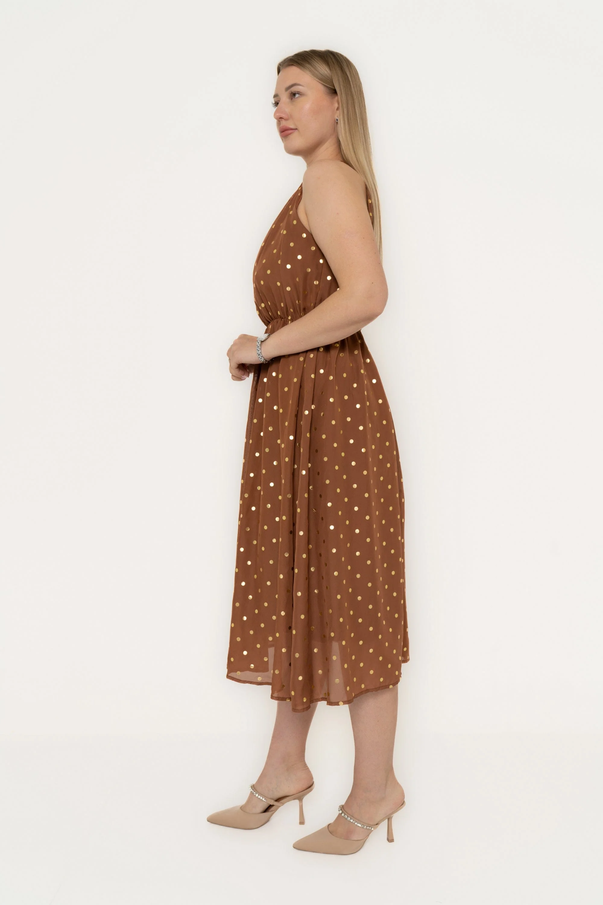 Midi Cut Dress With Ruffled Waist In Polka Dot Chiffon - Image 4