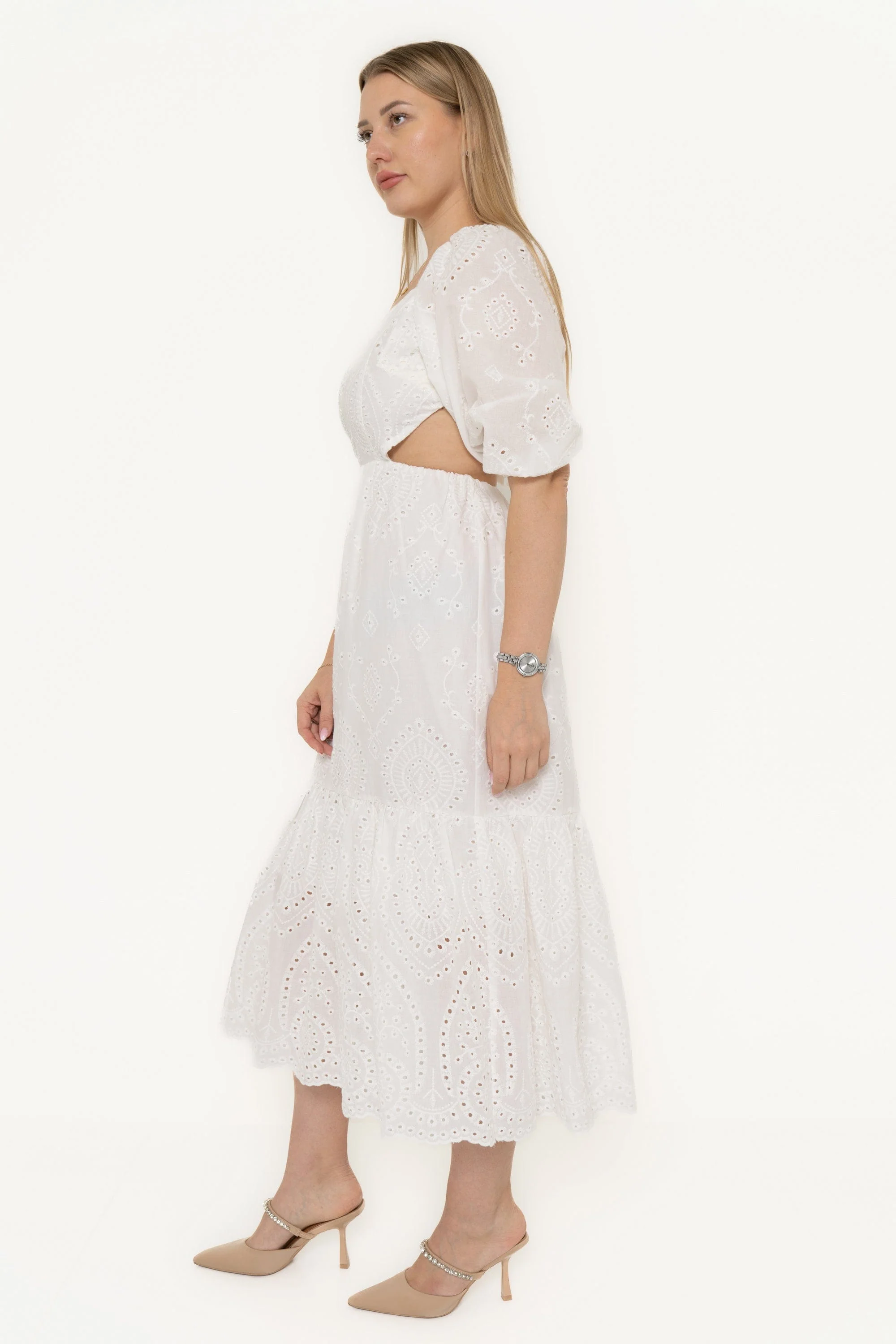 Midi Dress With Short Sleeves And Ruffled Hem In Lacy Fabric - Image 6
