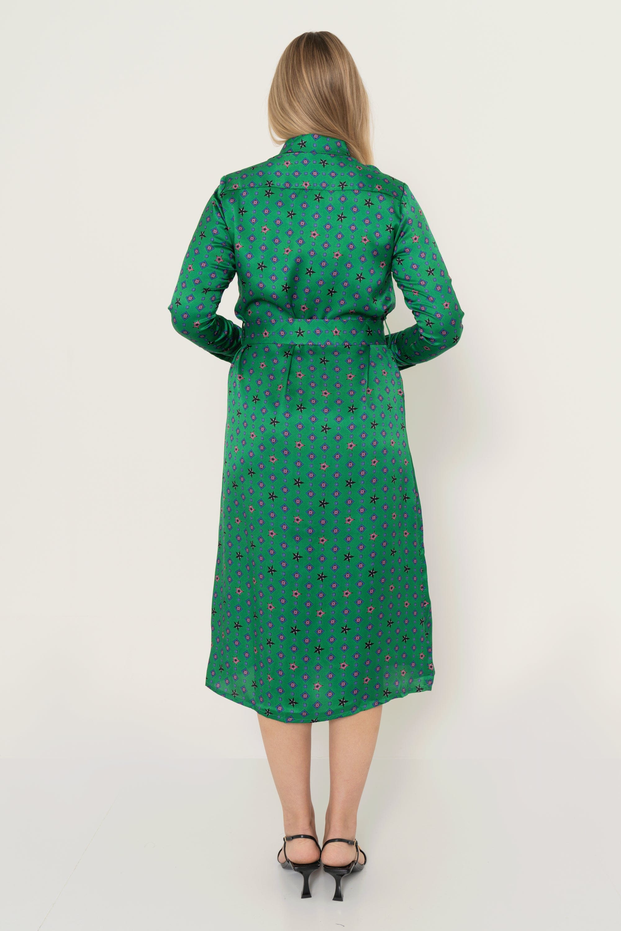 Long Sleeve Printed Midi Dress With Waist Tie - Image 3