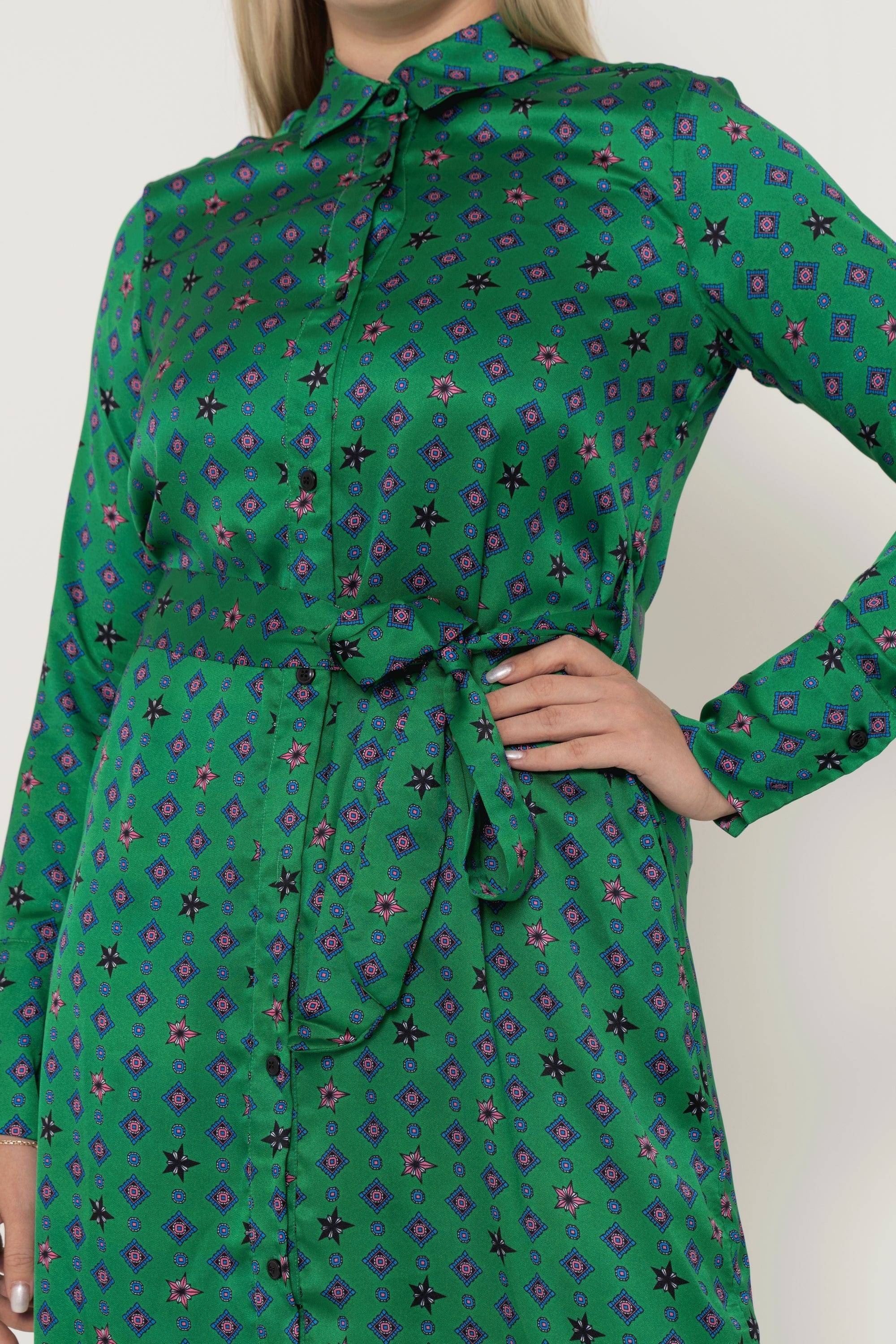 Long Sleeve Printed Midi Dress With Waist Tie - Image 4