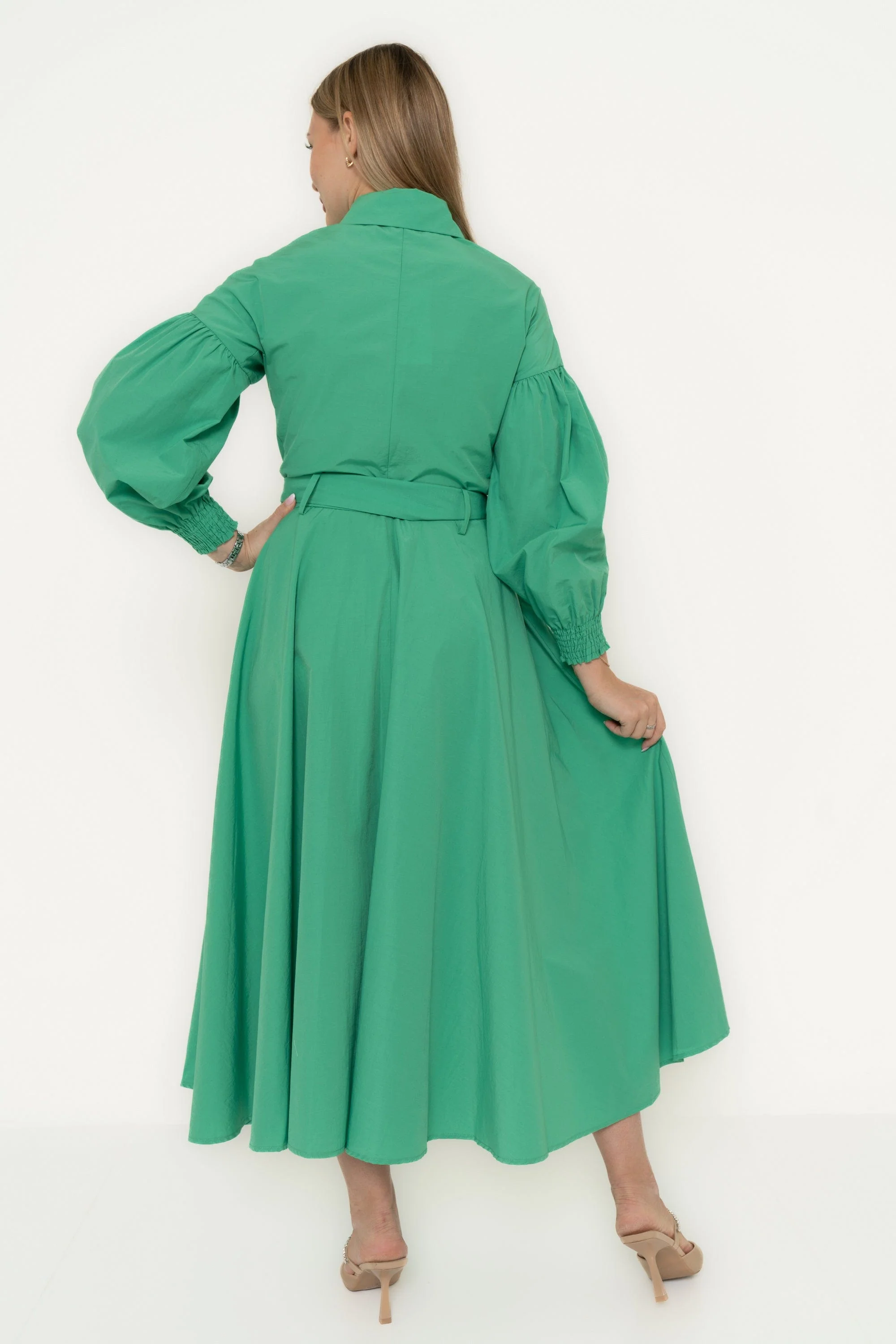 Solid Midi Dress With Waist Tie And Puffed Long Sleeves - Image 4