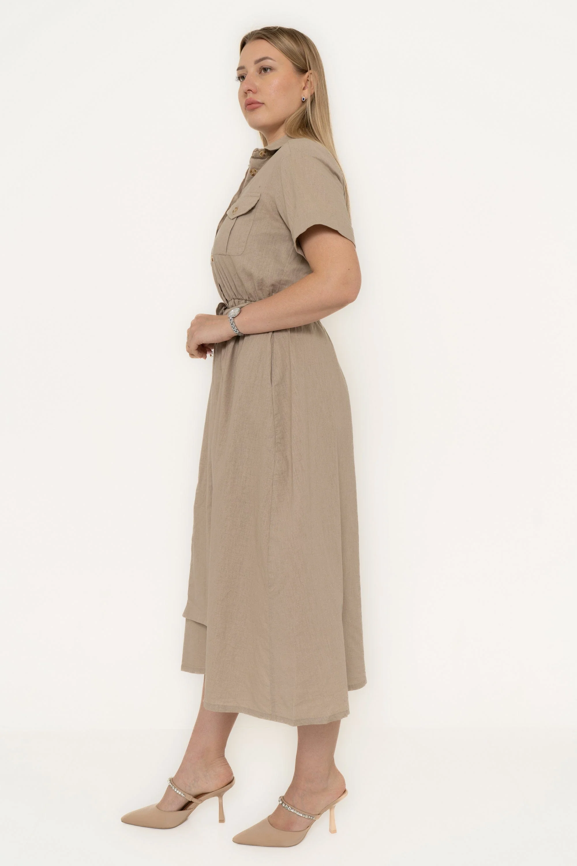 Midi Dress With Short Sleeves, Plain, With Collar And Chest Pockets, And Waist Tie - Image 3