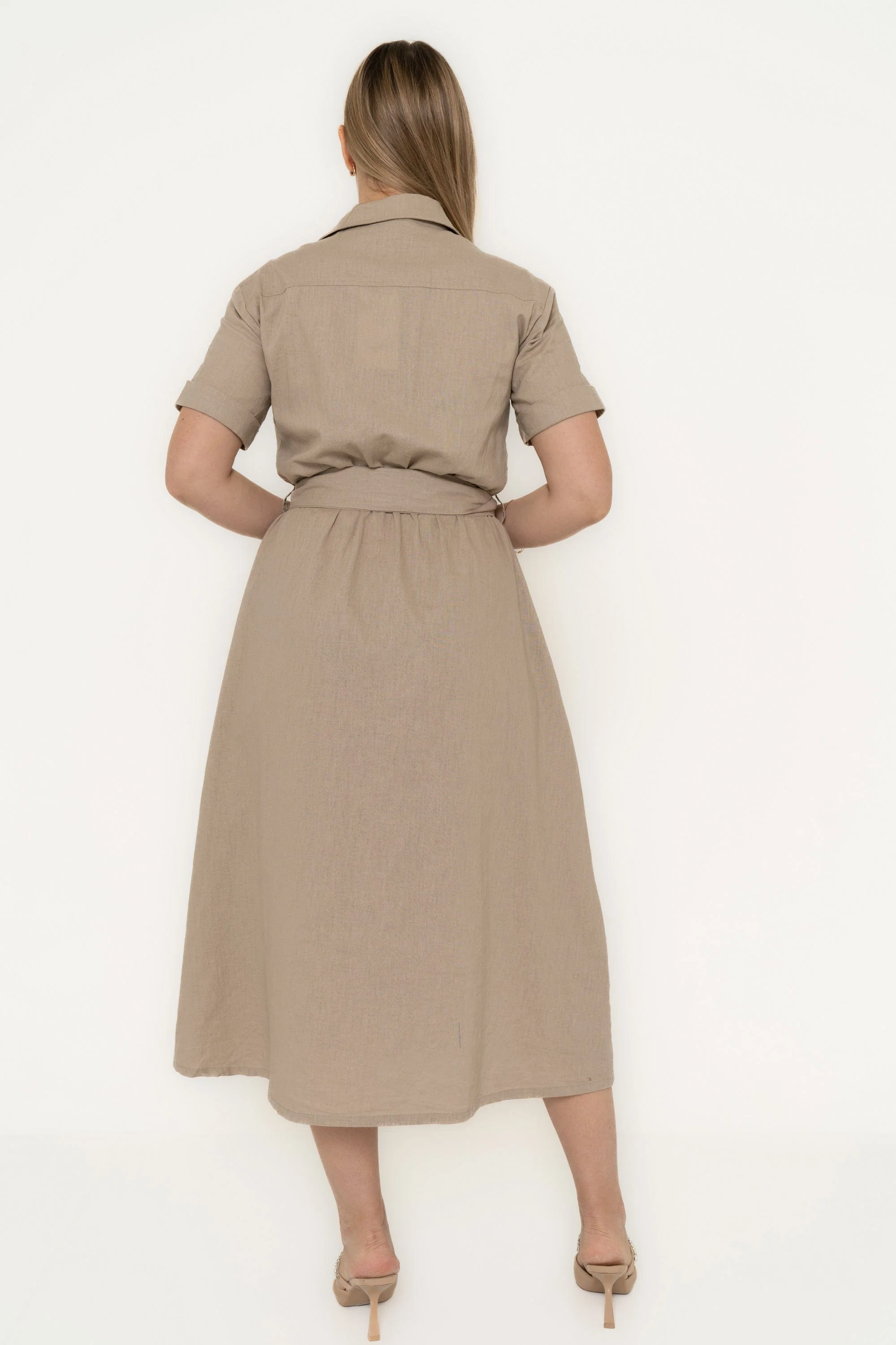 Midi Dress With Short Sleeves, Plain, With Collar And Chest Pockets, And Waist Tie - Image 4