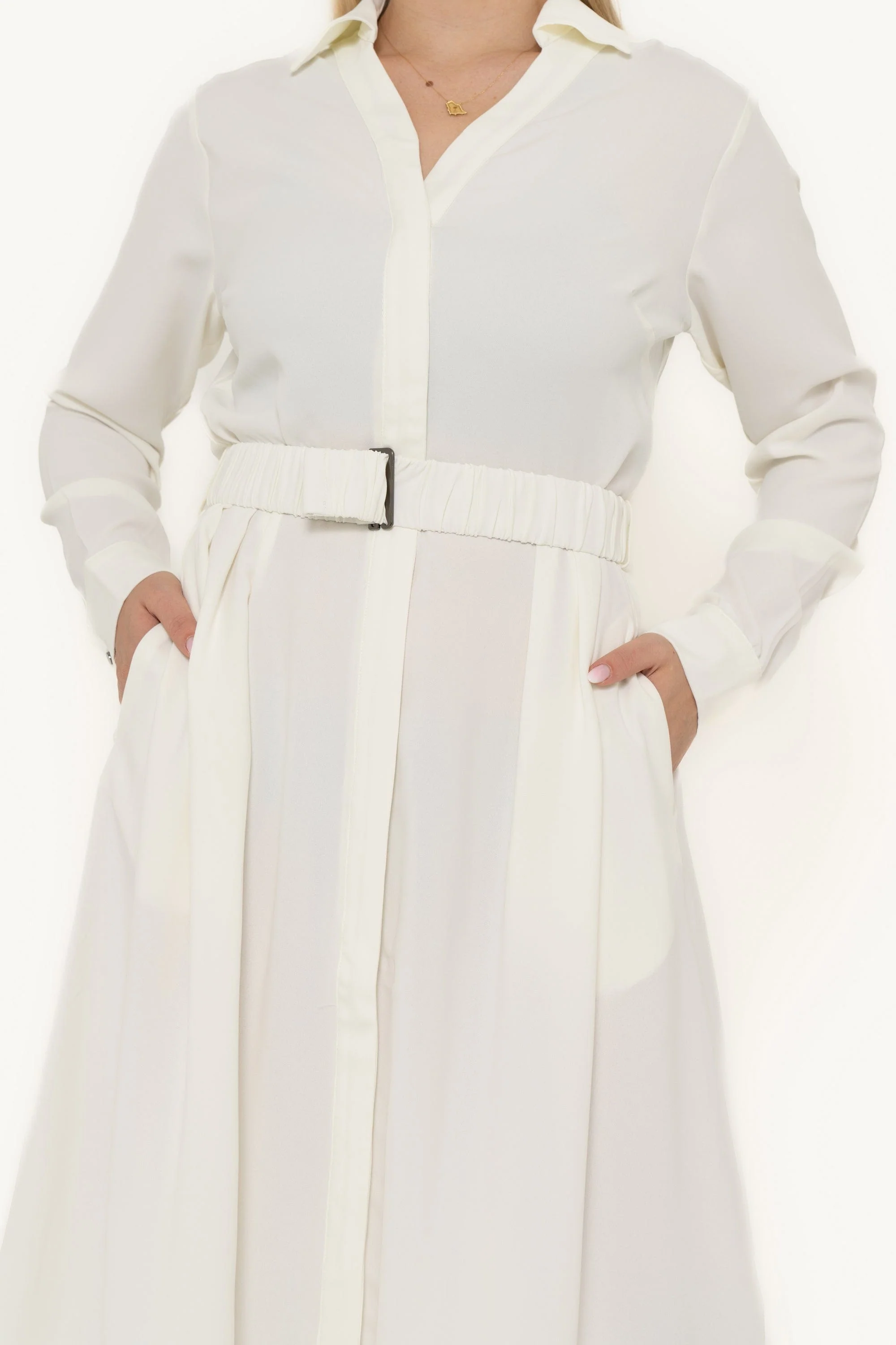 Plain Work Dress With Long Sleeves And Waist Belt - Image 4