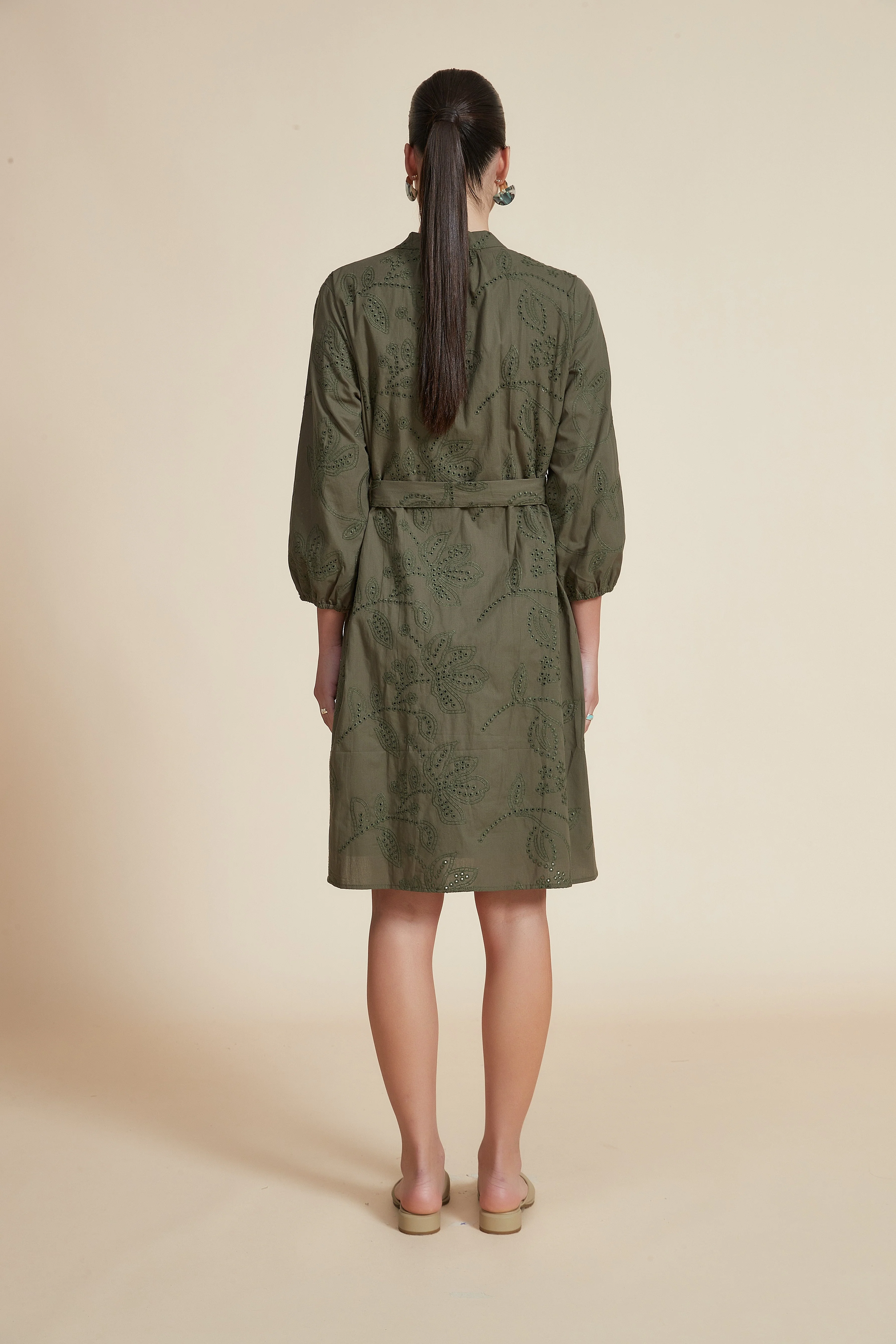 Knee-Length Lace Dress with 3/4 Wide Sleeves - Image 2