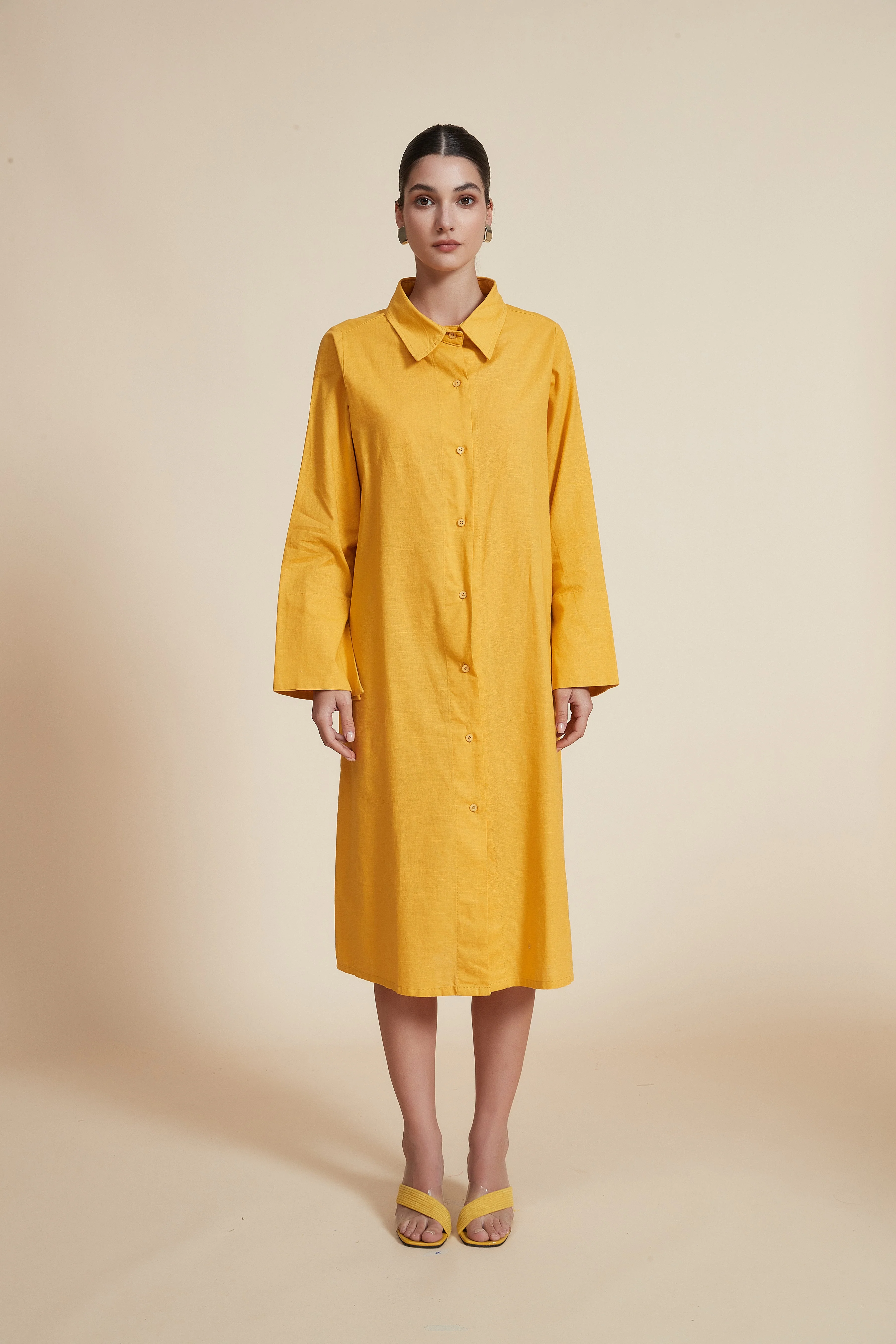 Midi Dress with Shirt Collar and Long Sleeves - Image 2