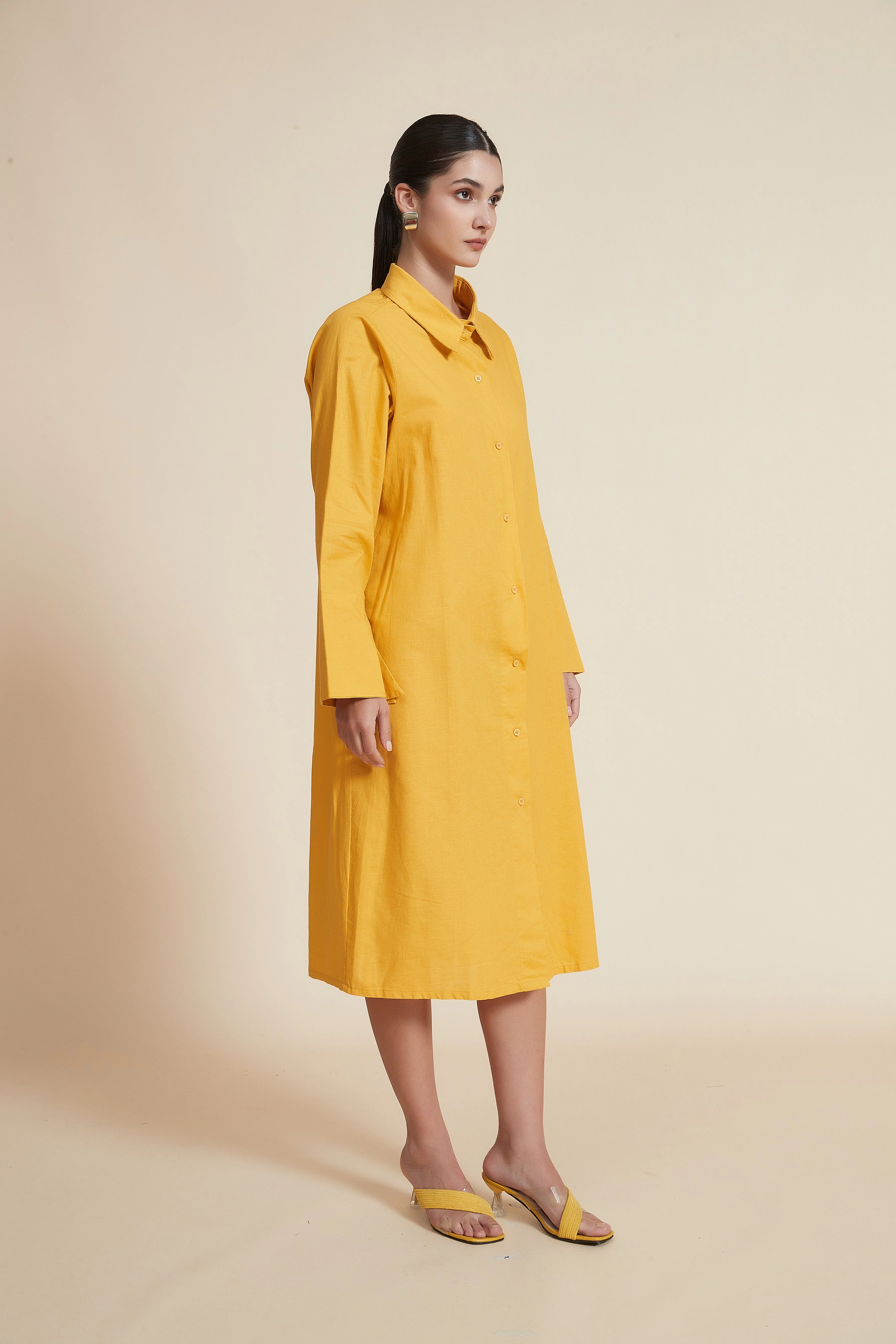 Midi Dress with Shirt Collar and Long Sleeves - Image 3