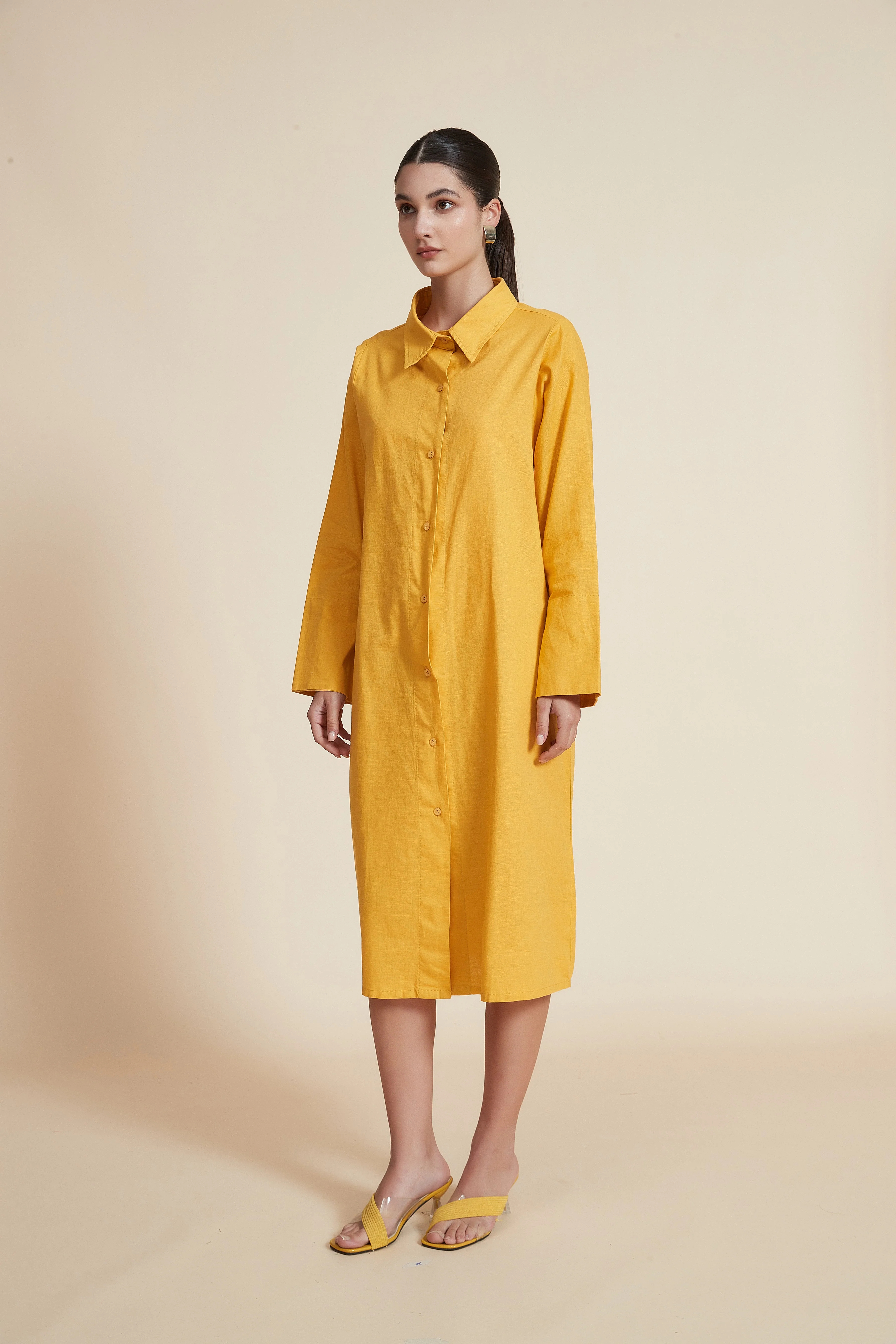 Midi Dress with Shirt Collar and Long Sleeves - Image 5
