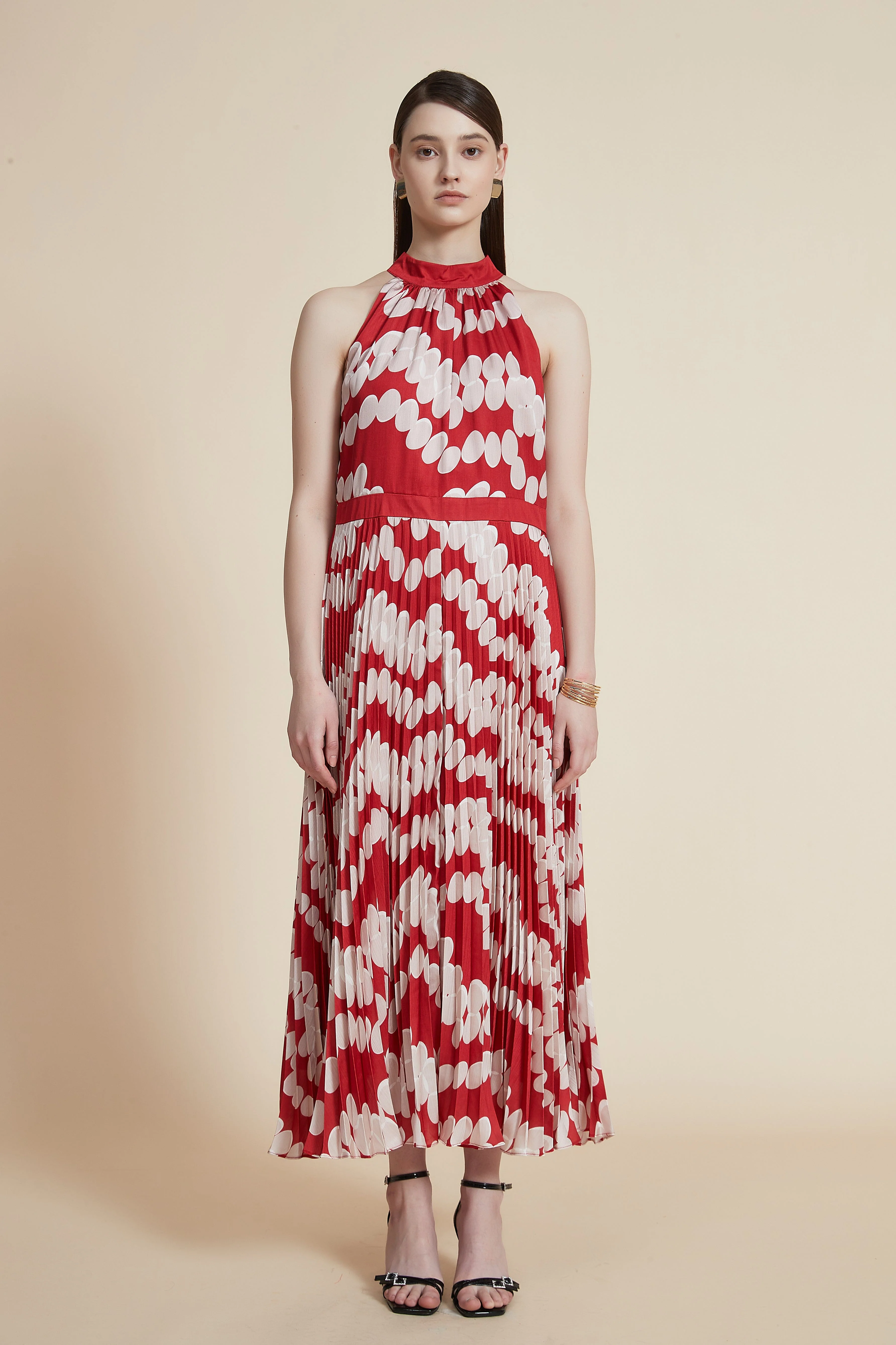 Polka Dot Pleated Midi Dress Without Sleeves - Image 3