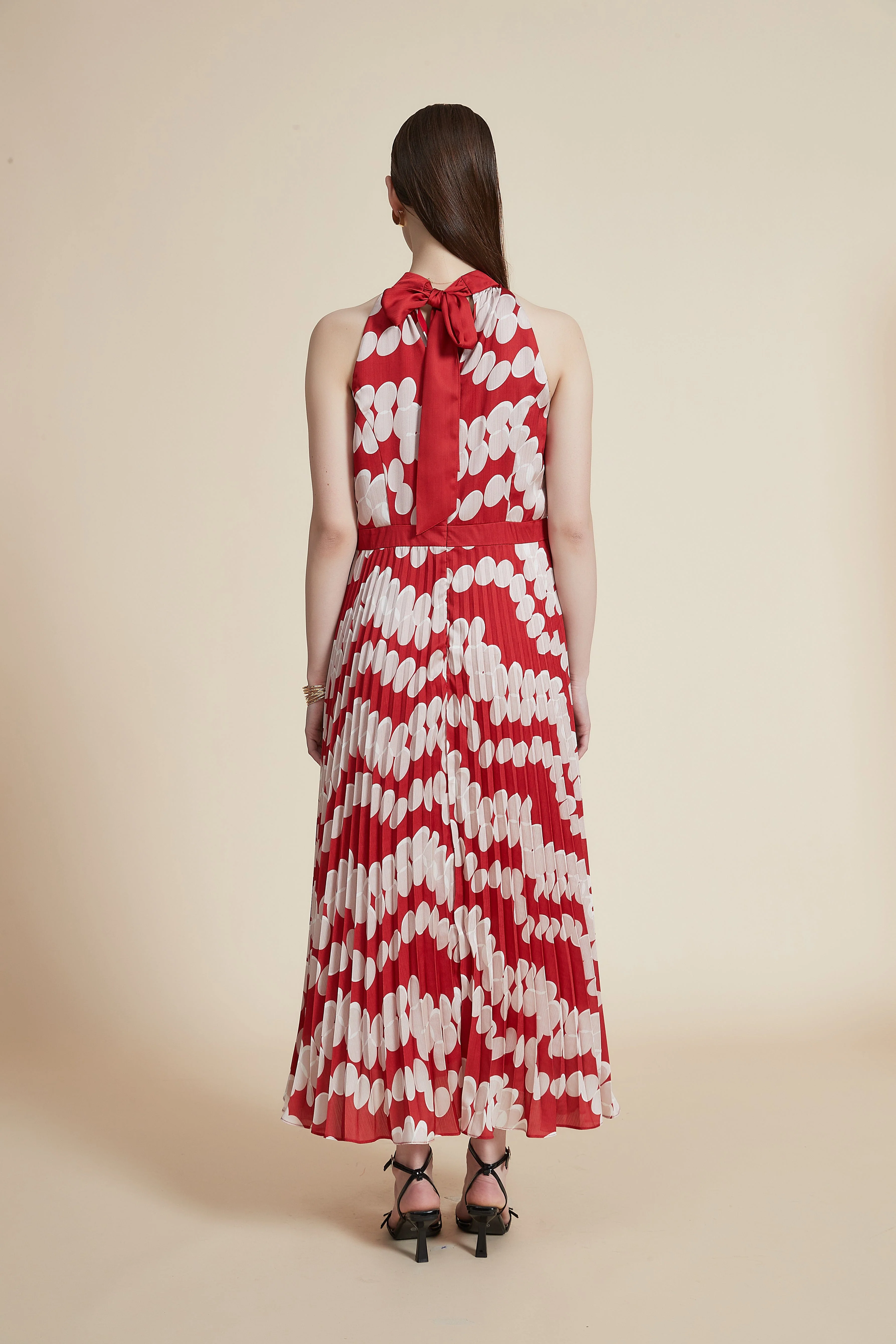 Polka Dot Pleated Midi Dress Without Sleeves - Image 4