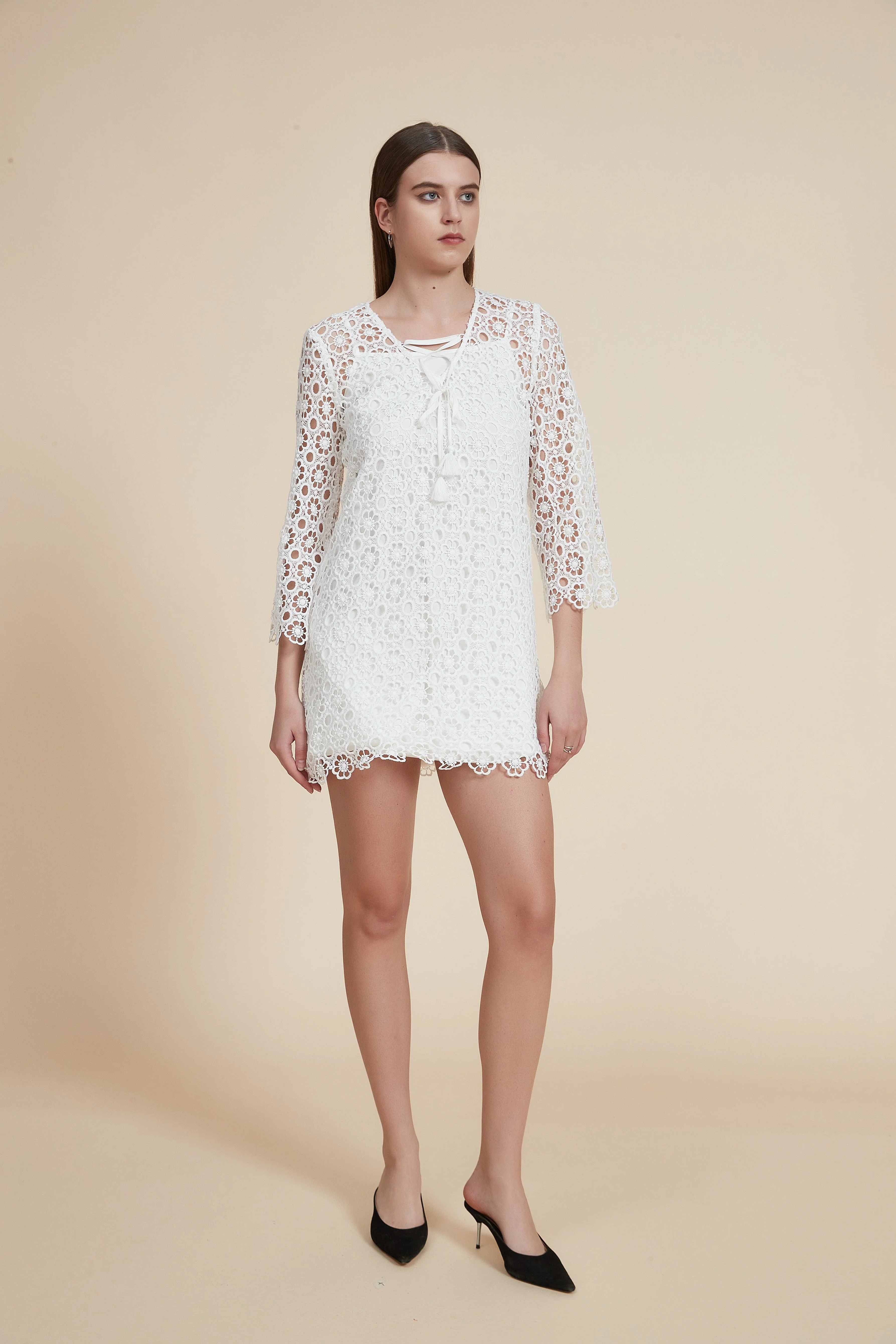 Lace Short Dress with 3/4 Sleeves