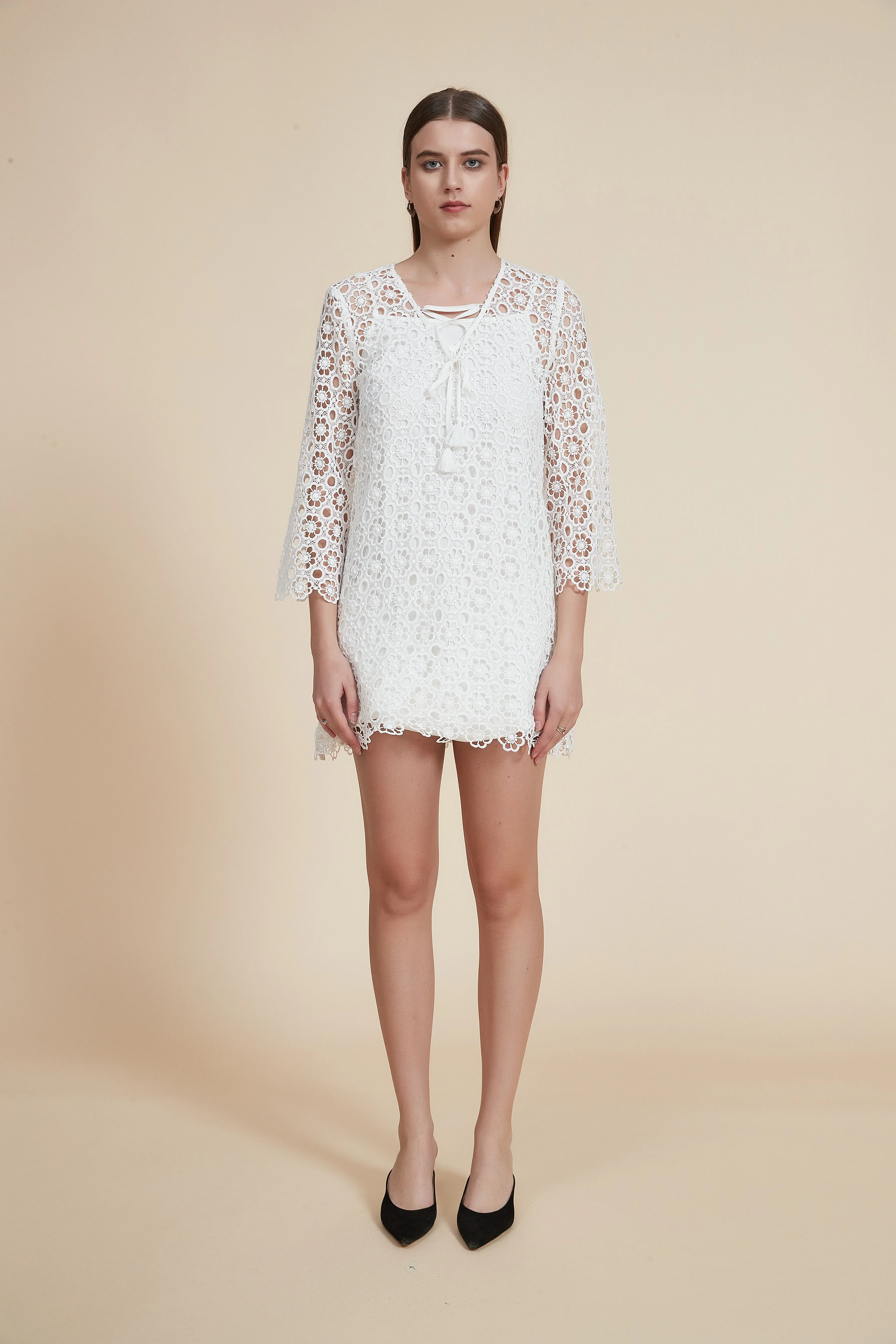 Lace Short Dress with 3/4 Sleeves - Image 2