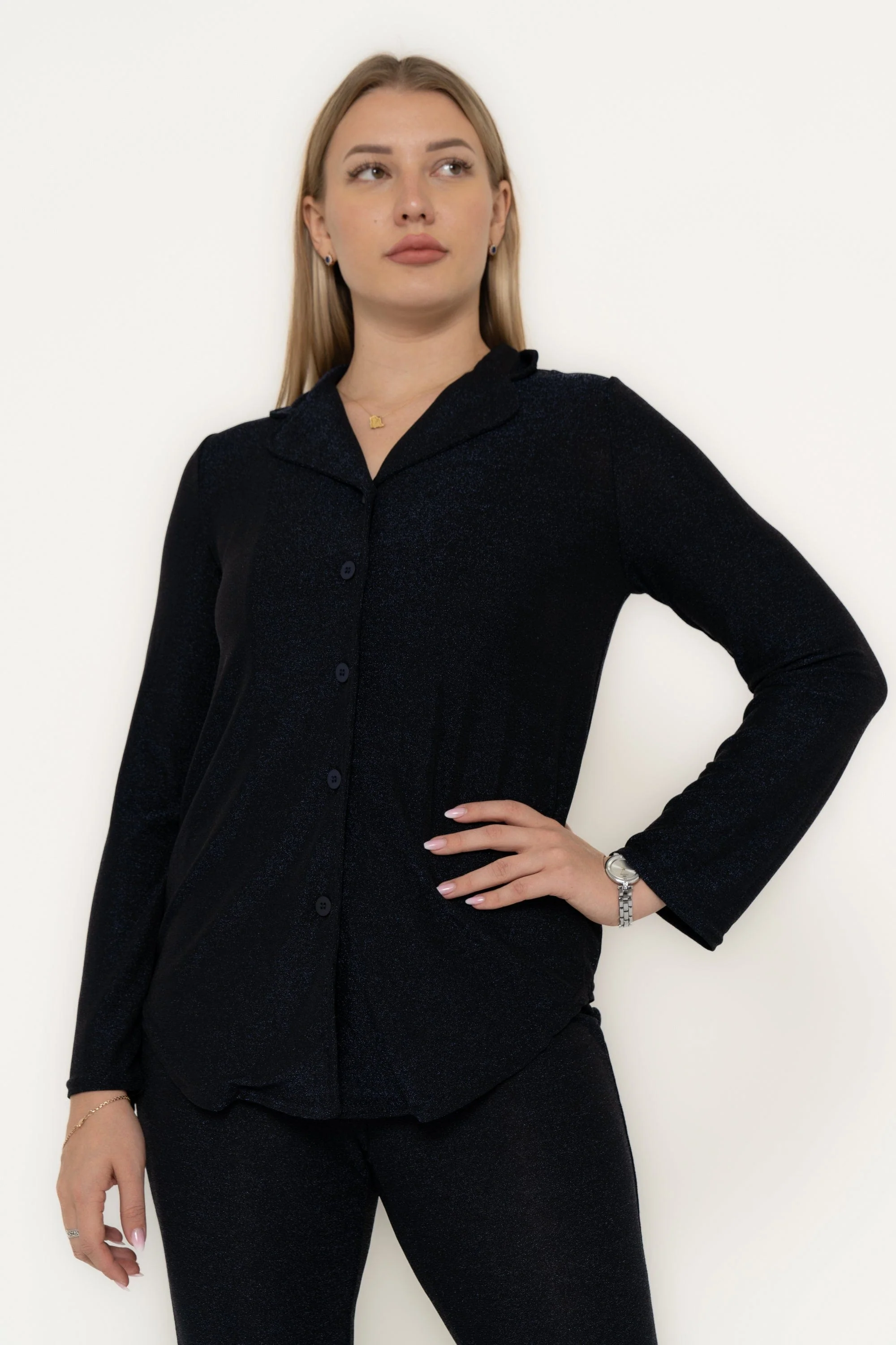Plain Pajama Set With Collared Top And Wide-Leg Pants - Image 5