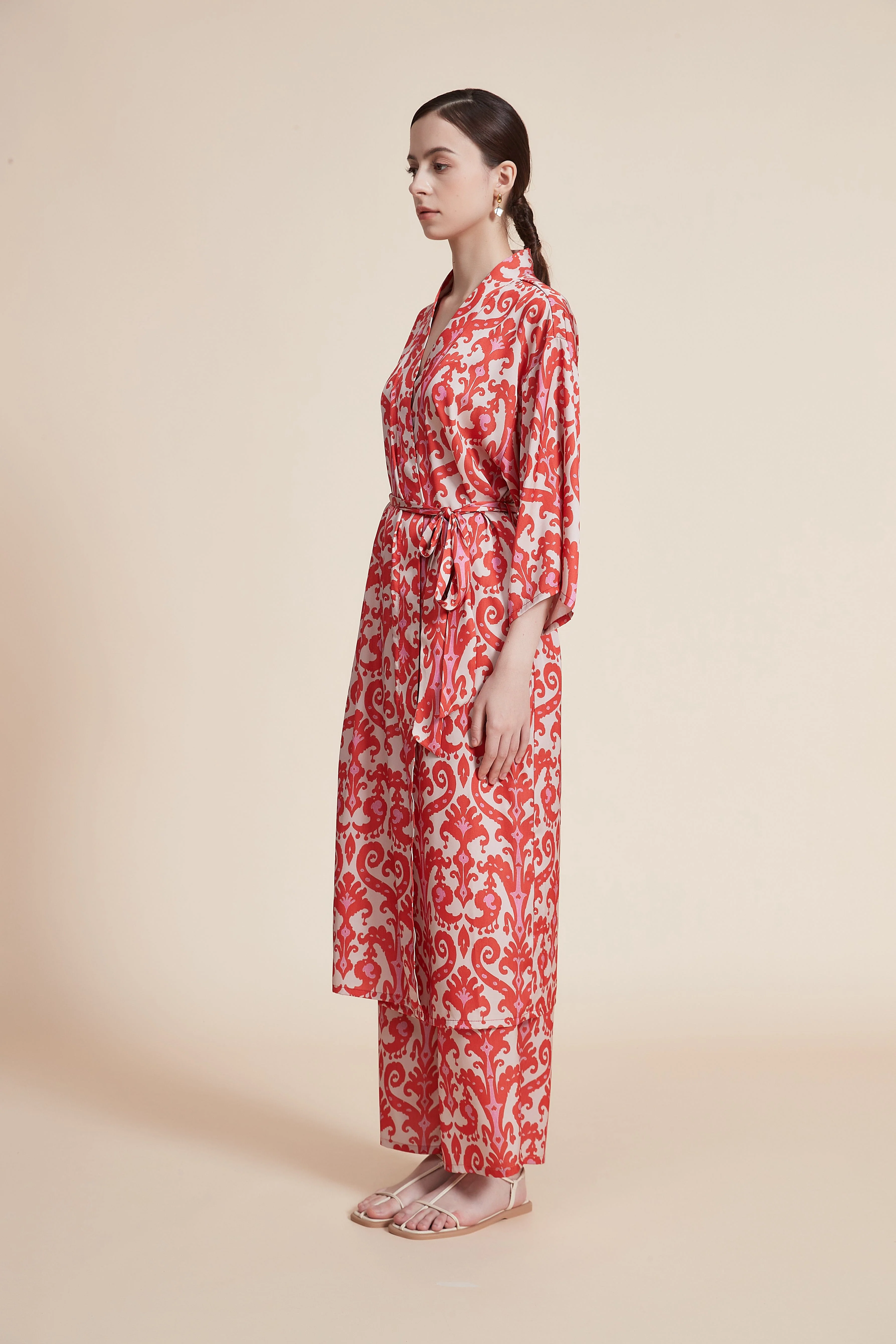 Printed Home Pajama Set with Long Pants and 3/4 Sleeve Cardigan - Image 5