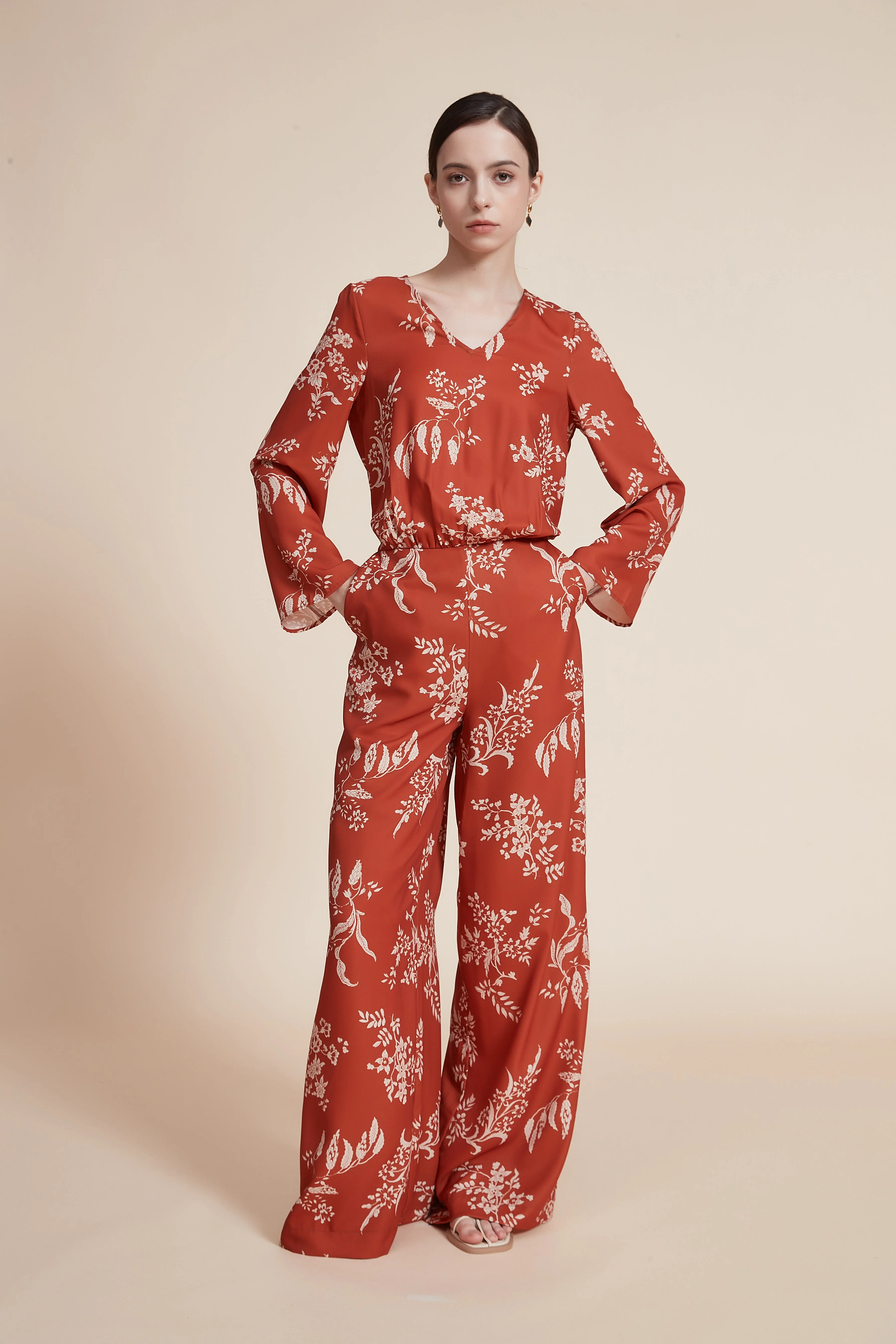 Long Floral Print Jumpsuit with Long Sleeves