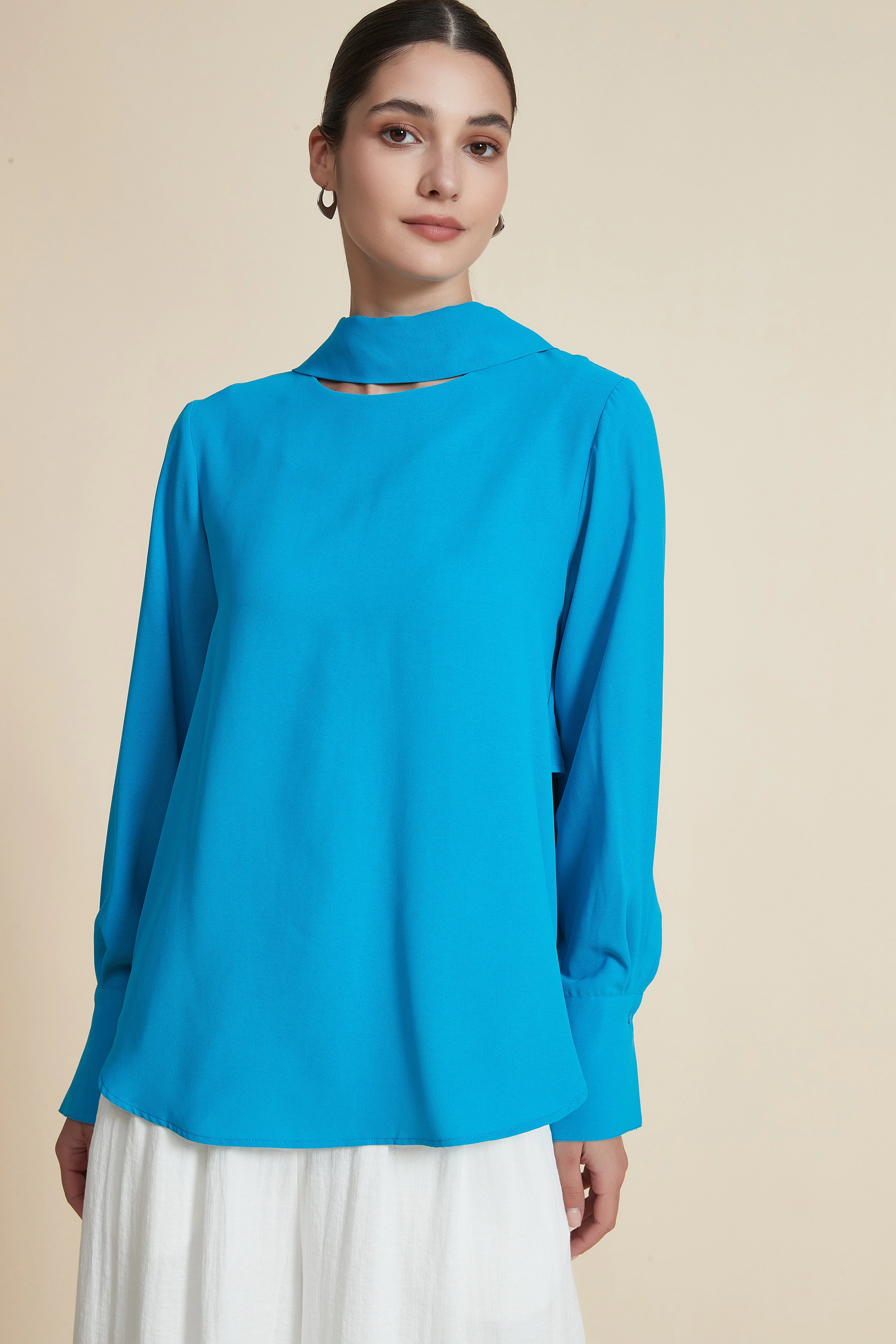 High Neck Solid Hip-Length Blouse