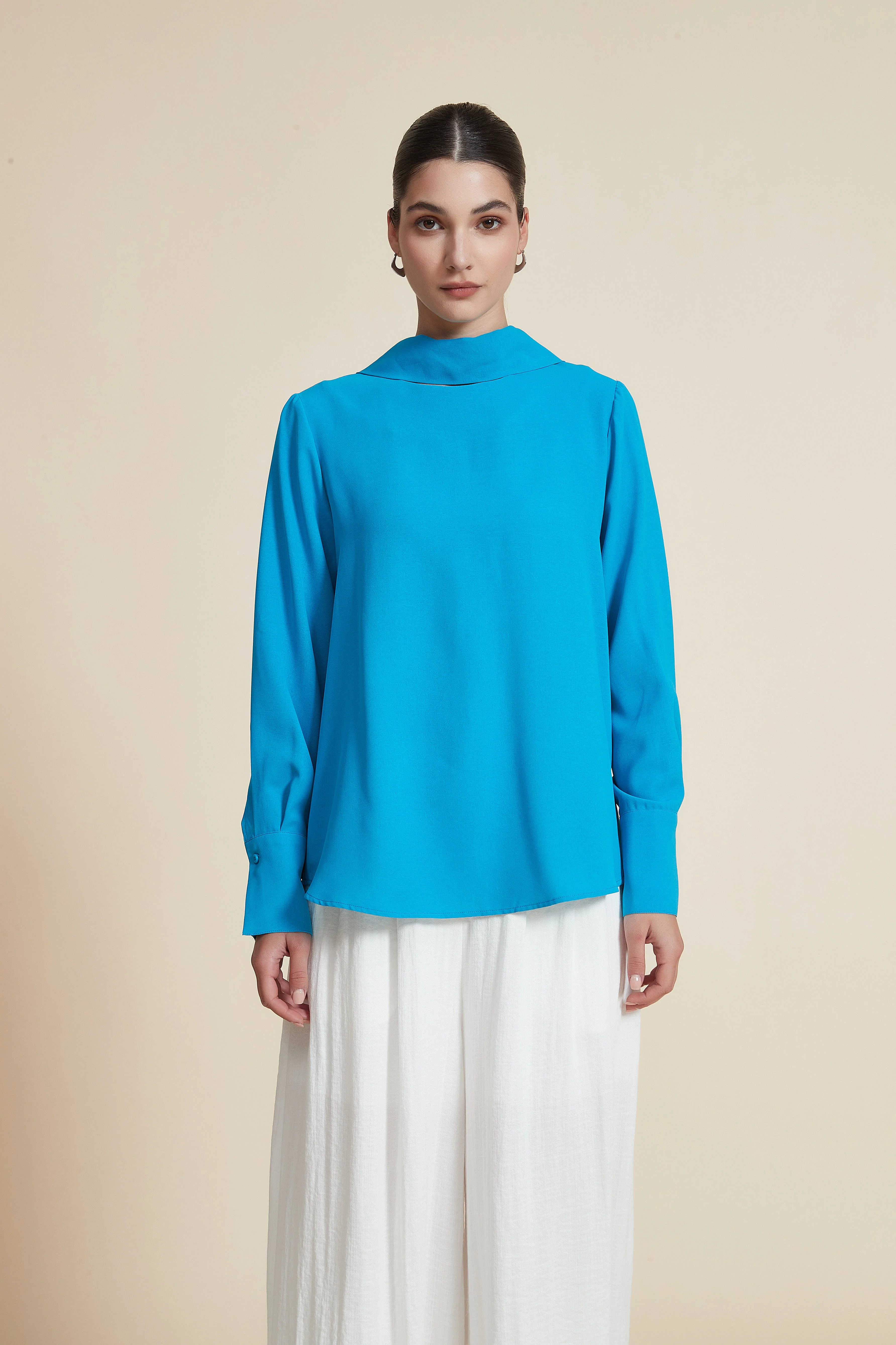 High Neck Solid Hip-Length Blouse - Image 2