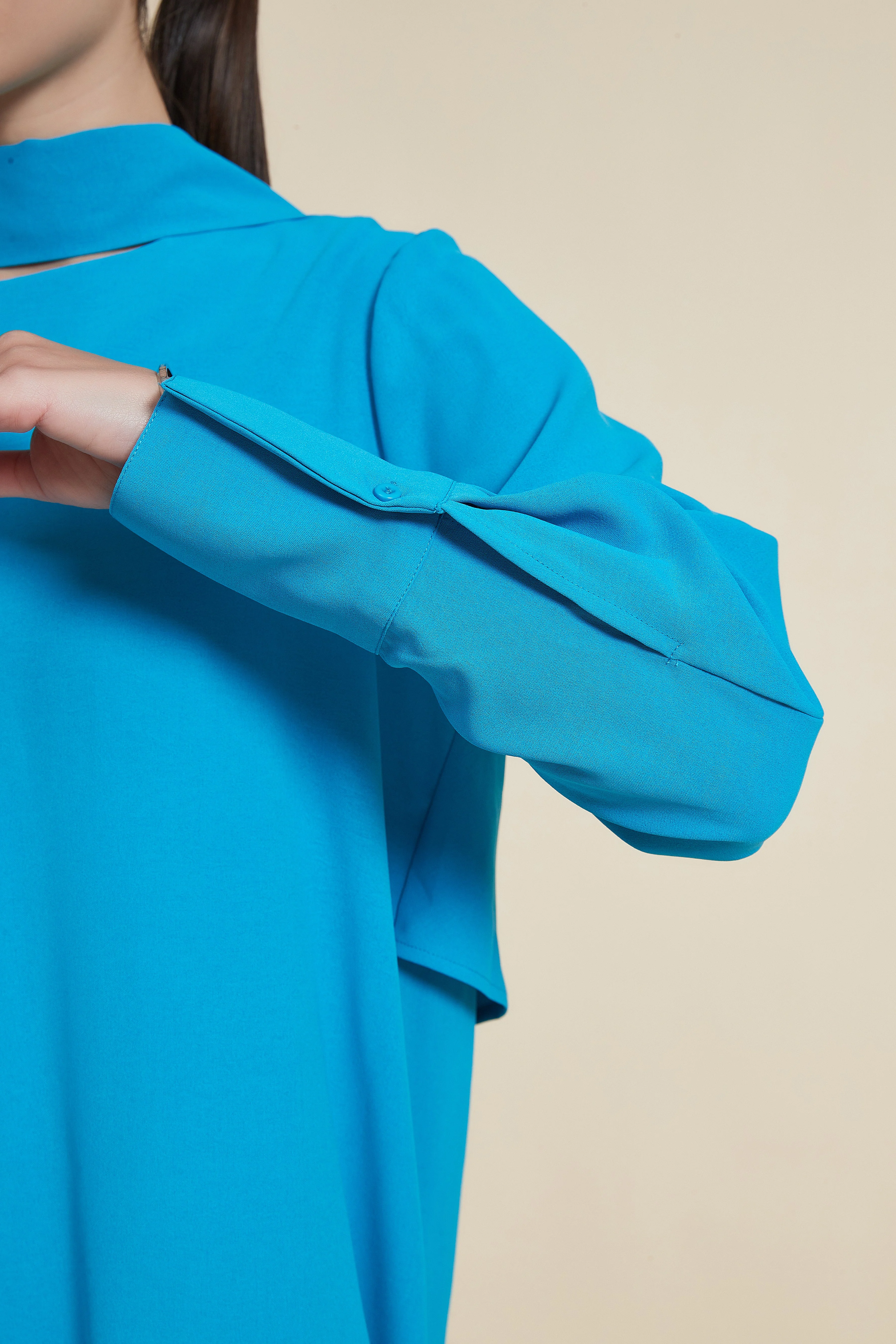 High Neck Solid Hip-Length Blouse - Image 3