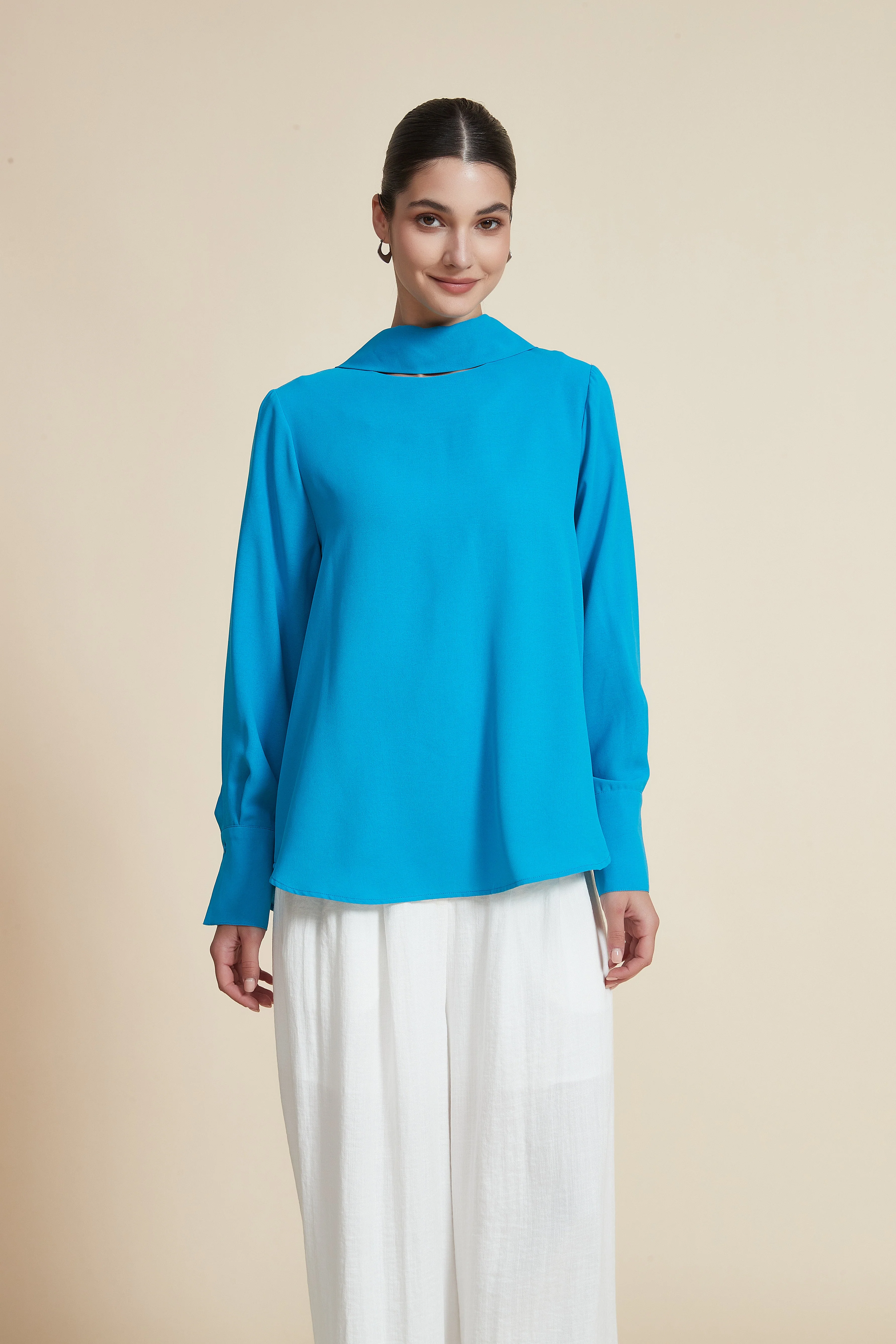 High Neck Solid Hip-Length Blouse - Image 4