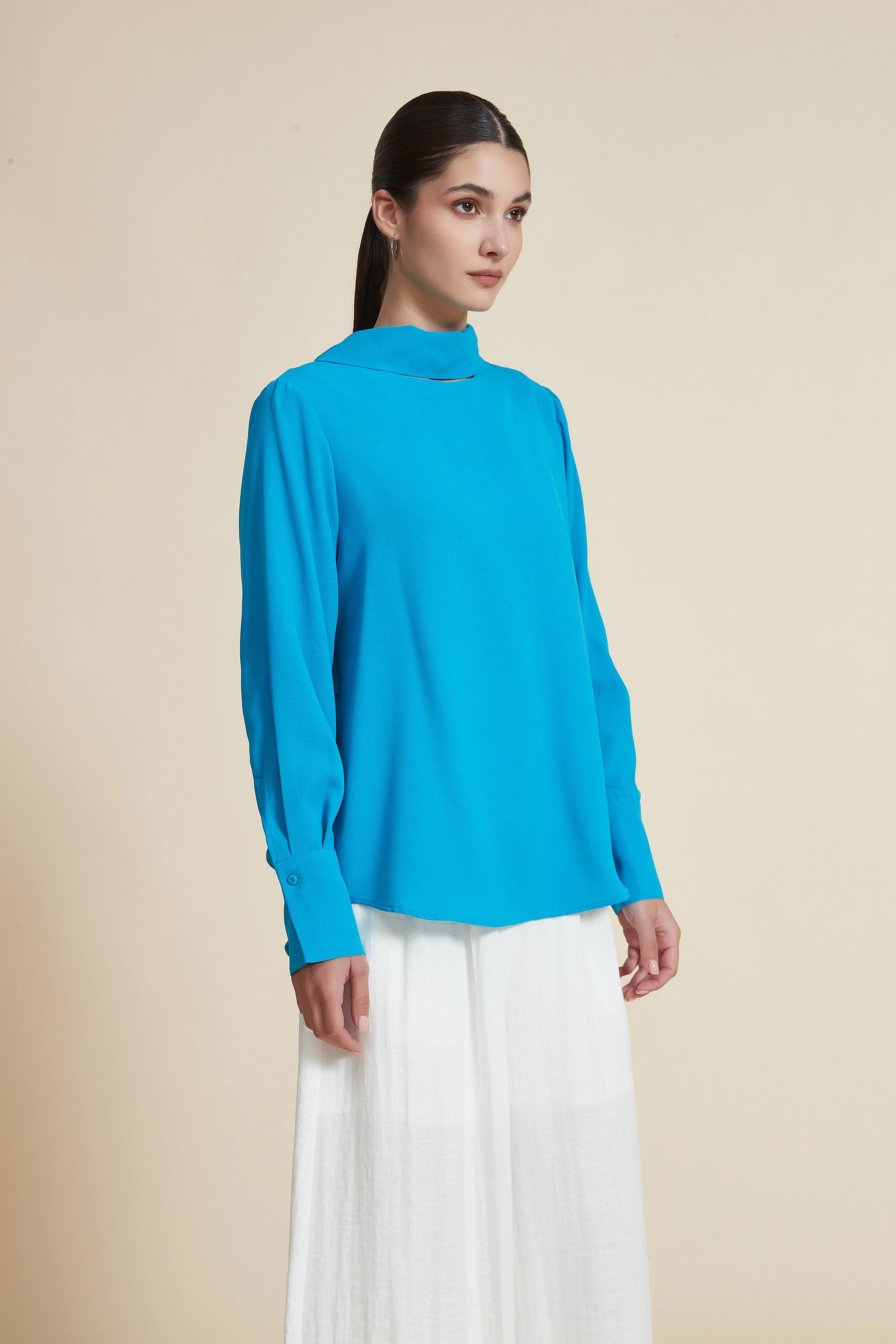 High Neck Solid Hip-Length Blouse - Image 5