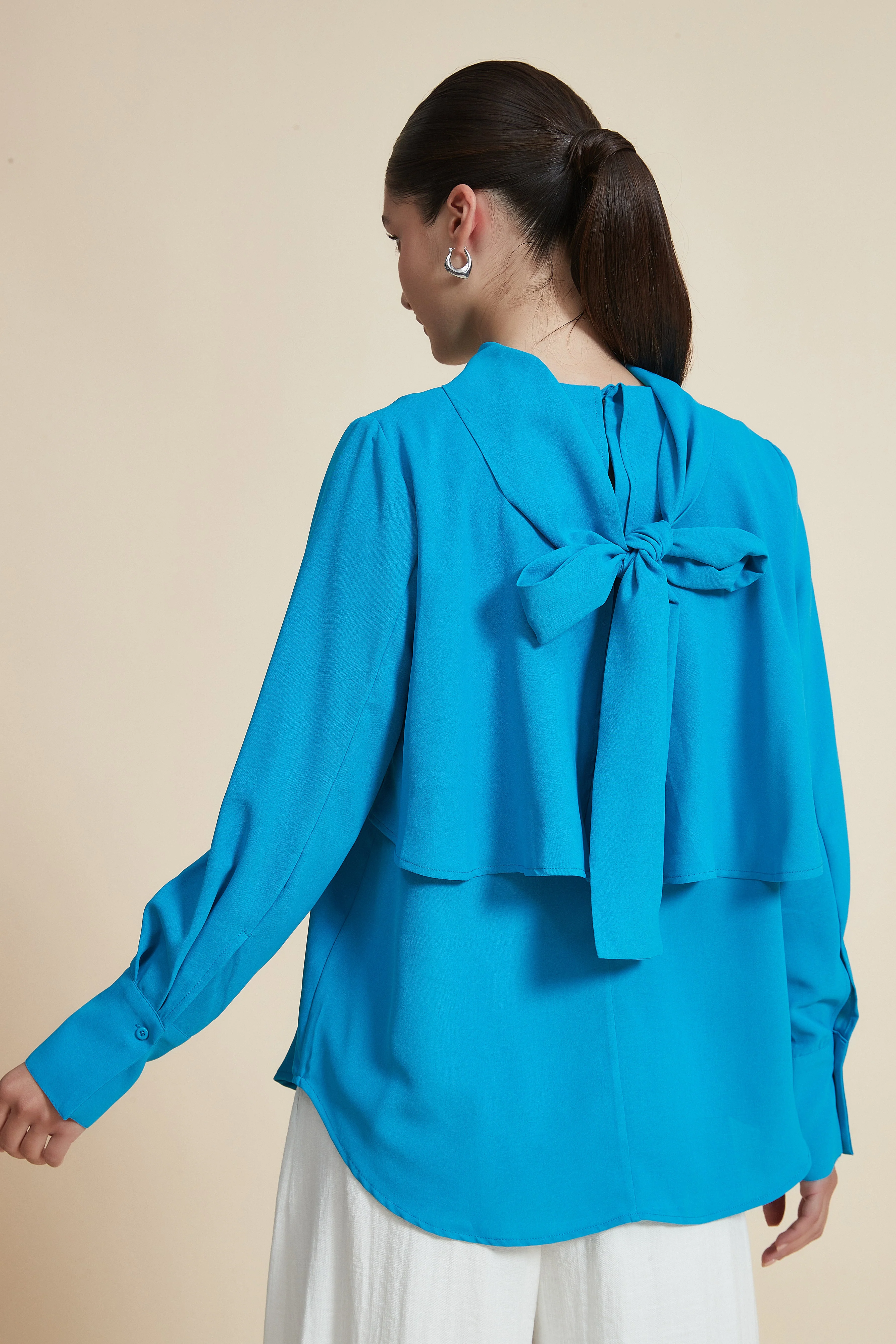 High Neck Solid Hip-Length Blouse - Image 6