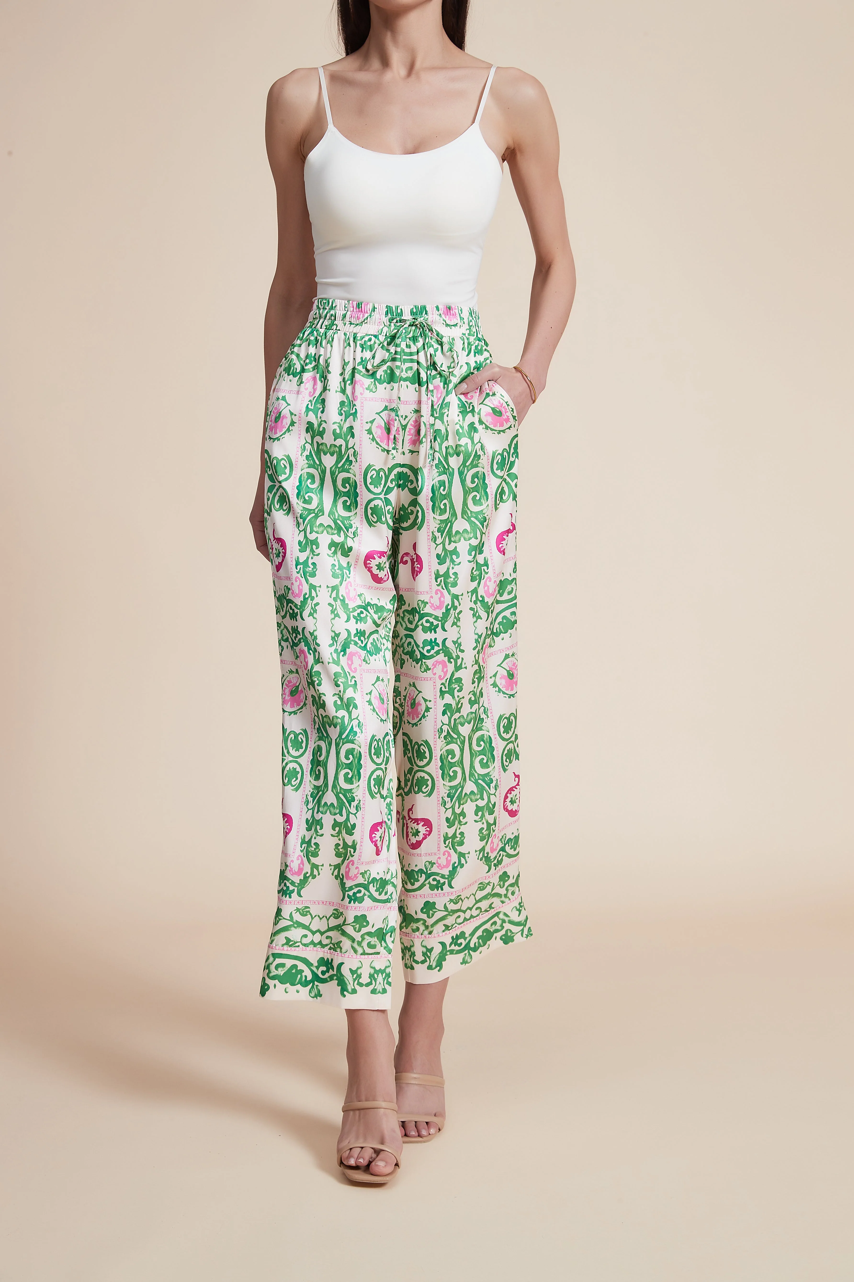 High-Waisted Wide-Leg Printed Trousers