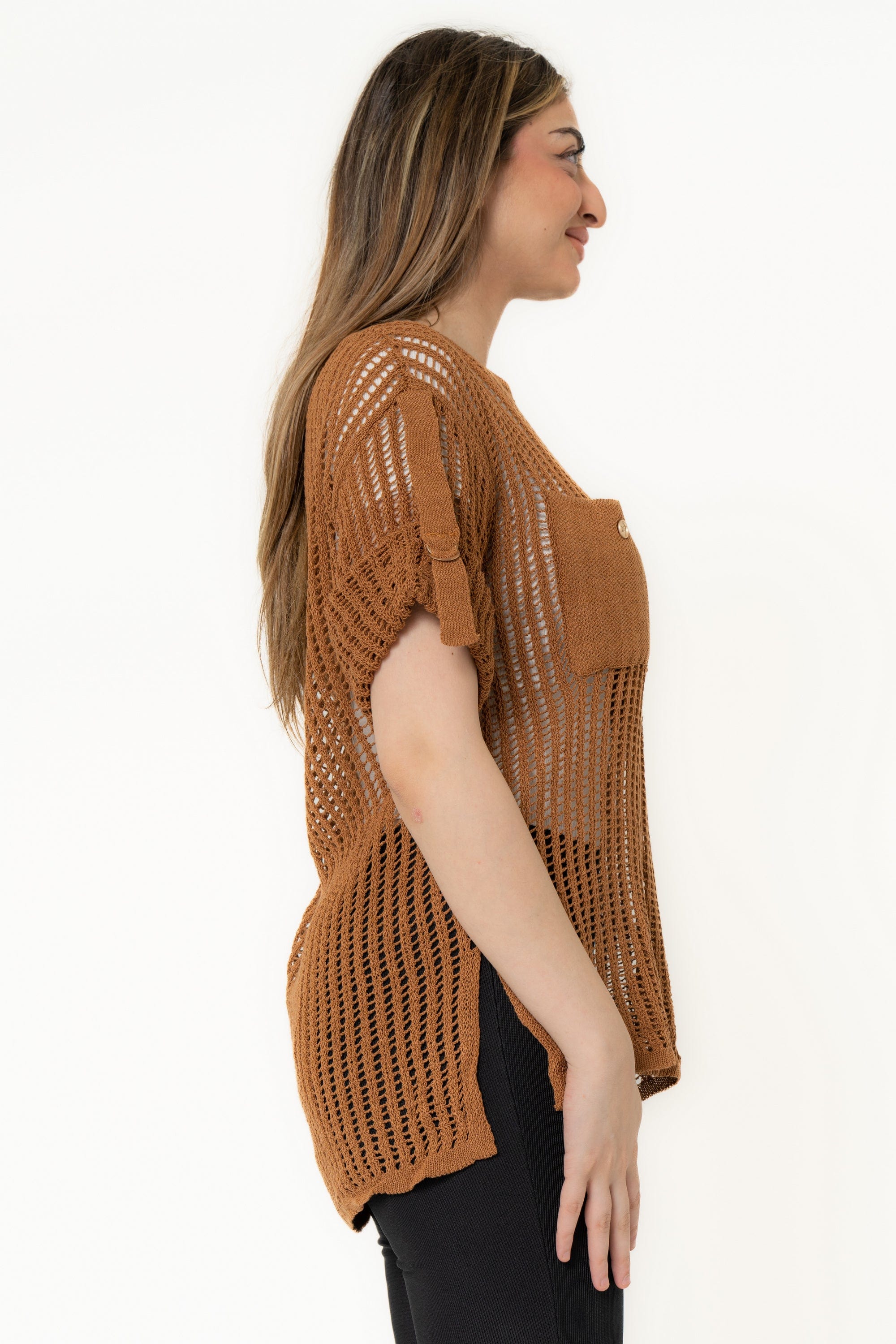 Short Sleeve Hollowed Blouse With Chest Pockets - Image 2