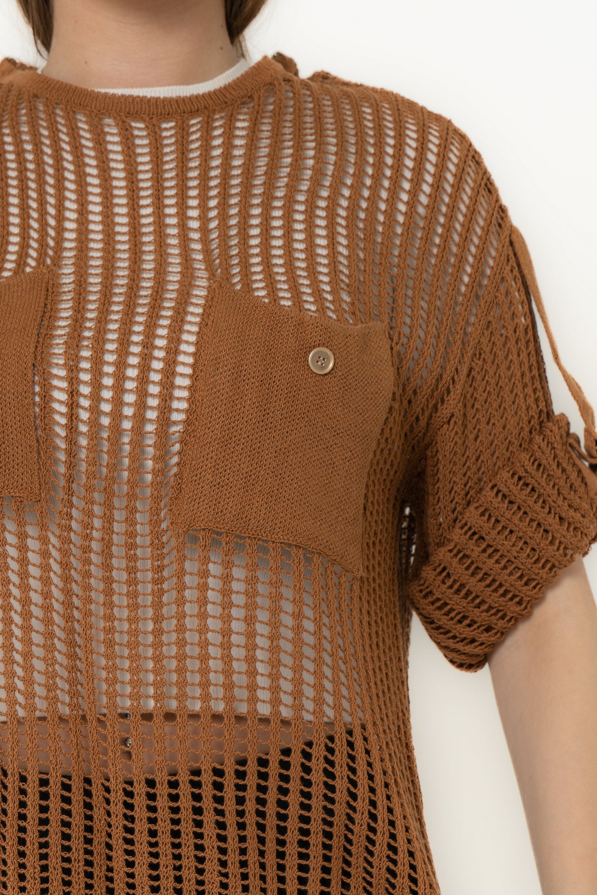 Short Sleeve Hollowed Blouse With Chest Pockets - Image 4