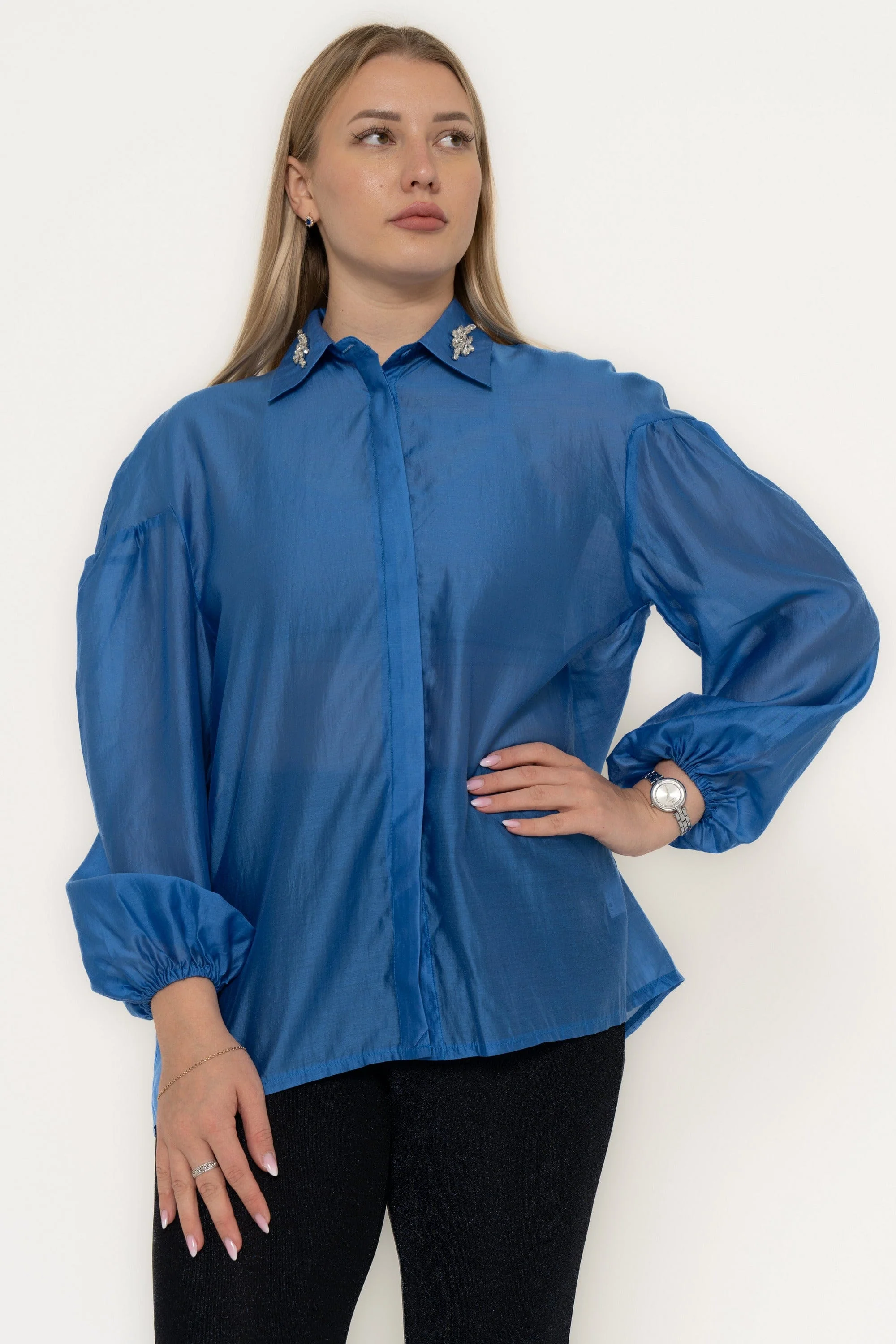Solid Long Sleeve Blouse With Ruffled Sleeves - Image 2