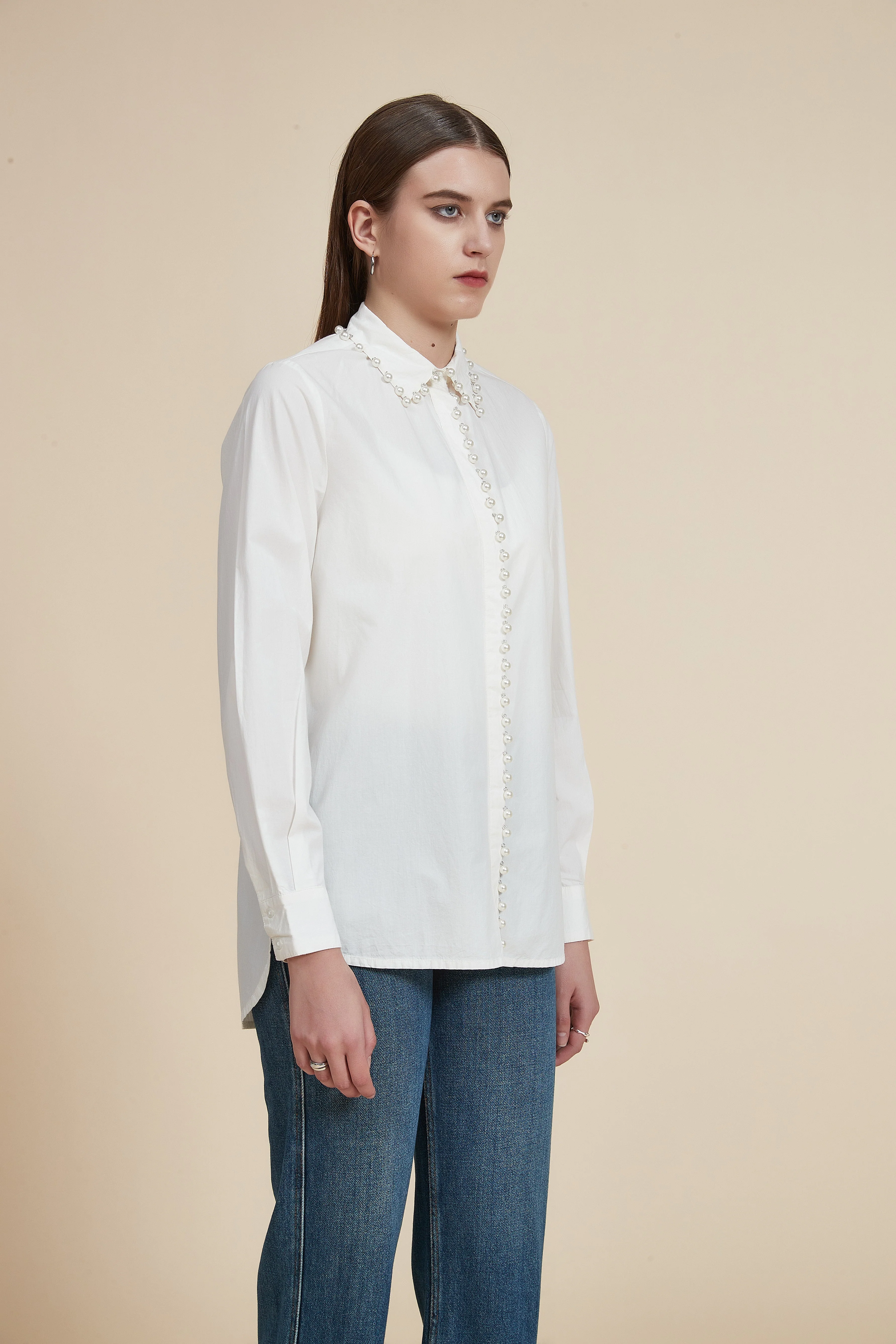 Embroidered Long Sleeve Shirt-Length Blouse