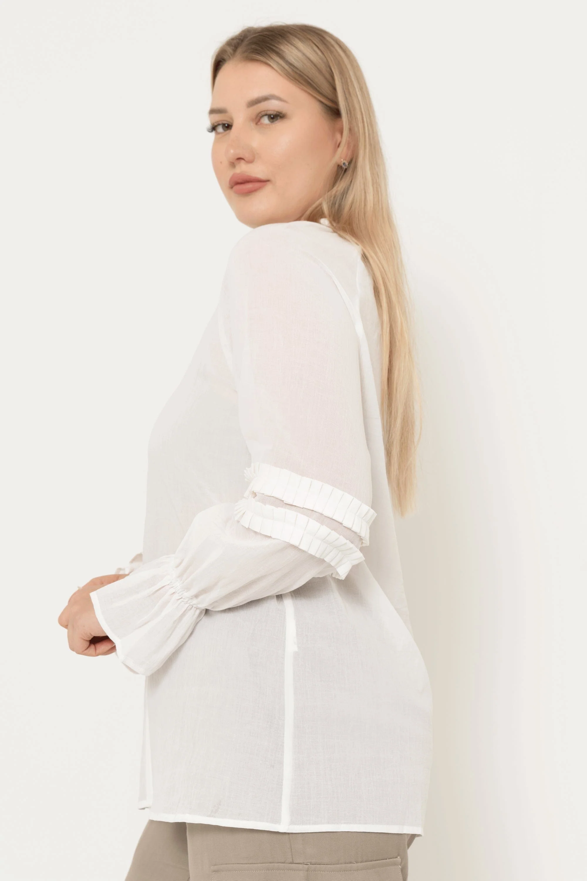 Solid Color Blouse With Front Buttons, Long Sleeve, Ruffled - Image 2