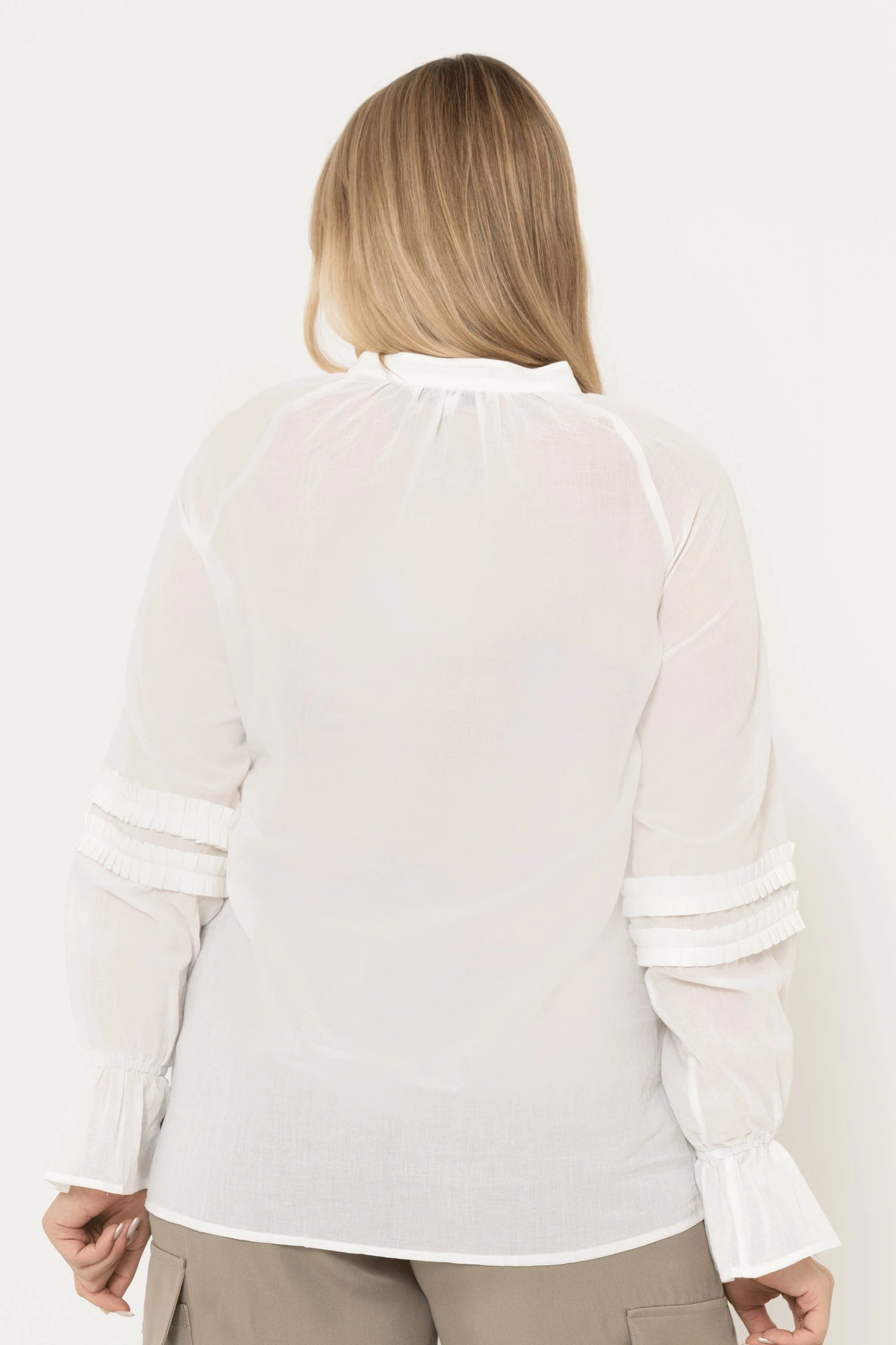 Solid Color Blouse With Front Buttons, Long Sleeve, Ruffled - Image 3