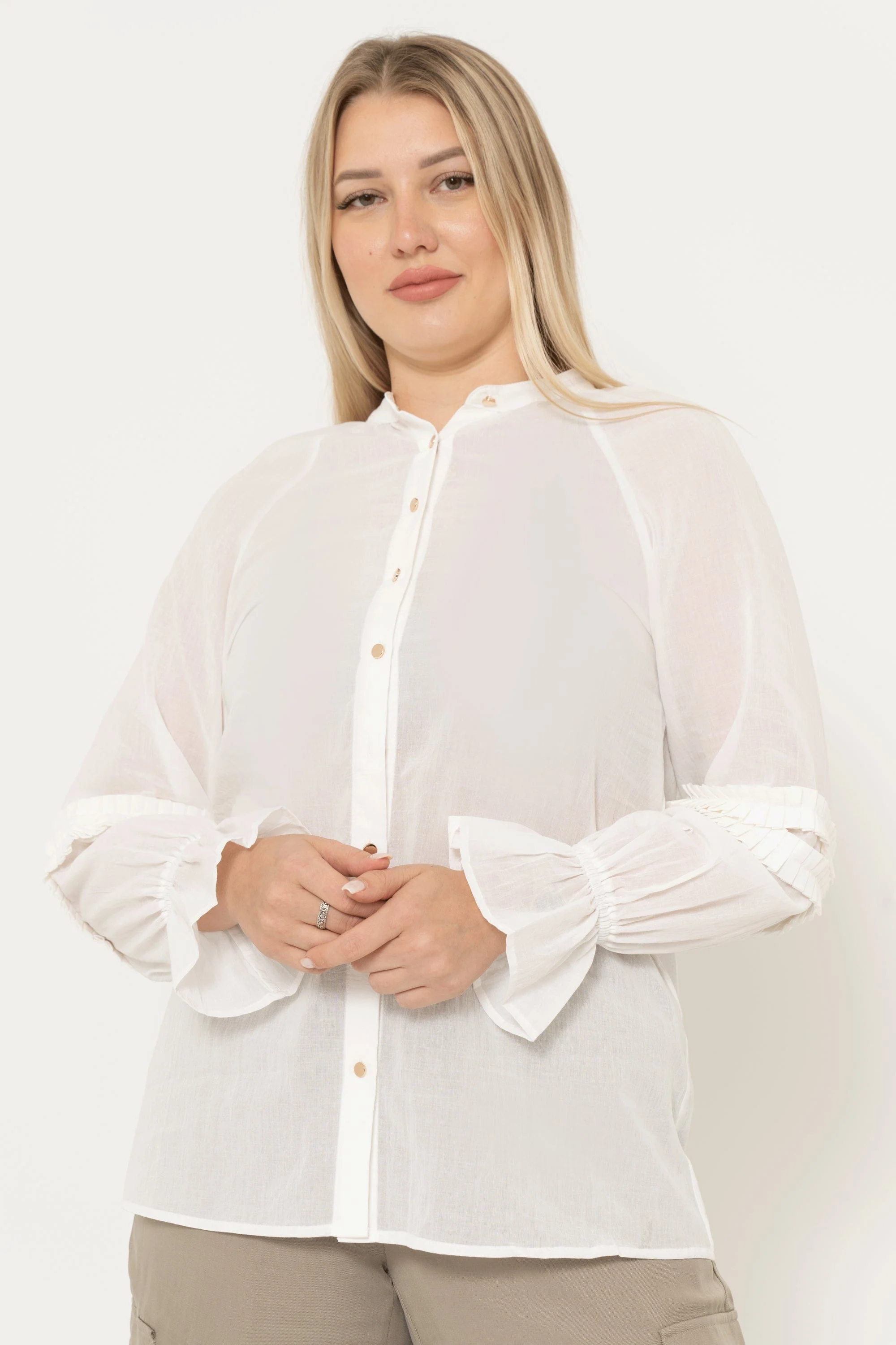 Solid Color Blouse With Front Buttons, Long Sleeve, Ruffled - Image 4