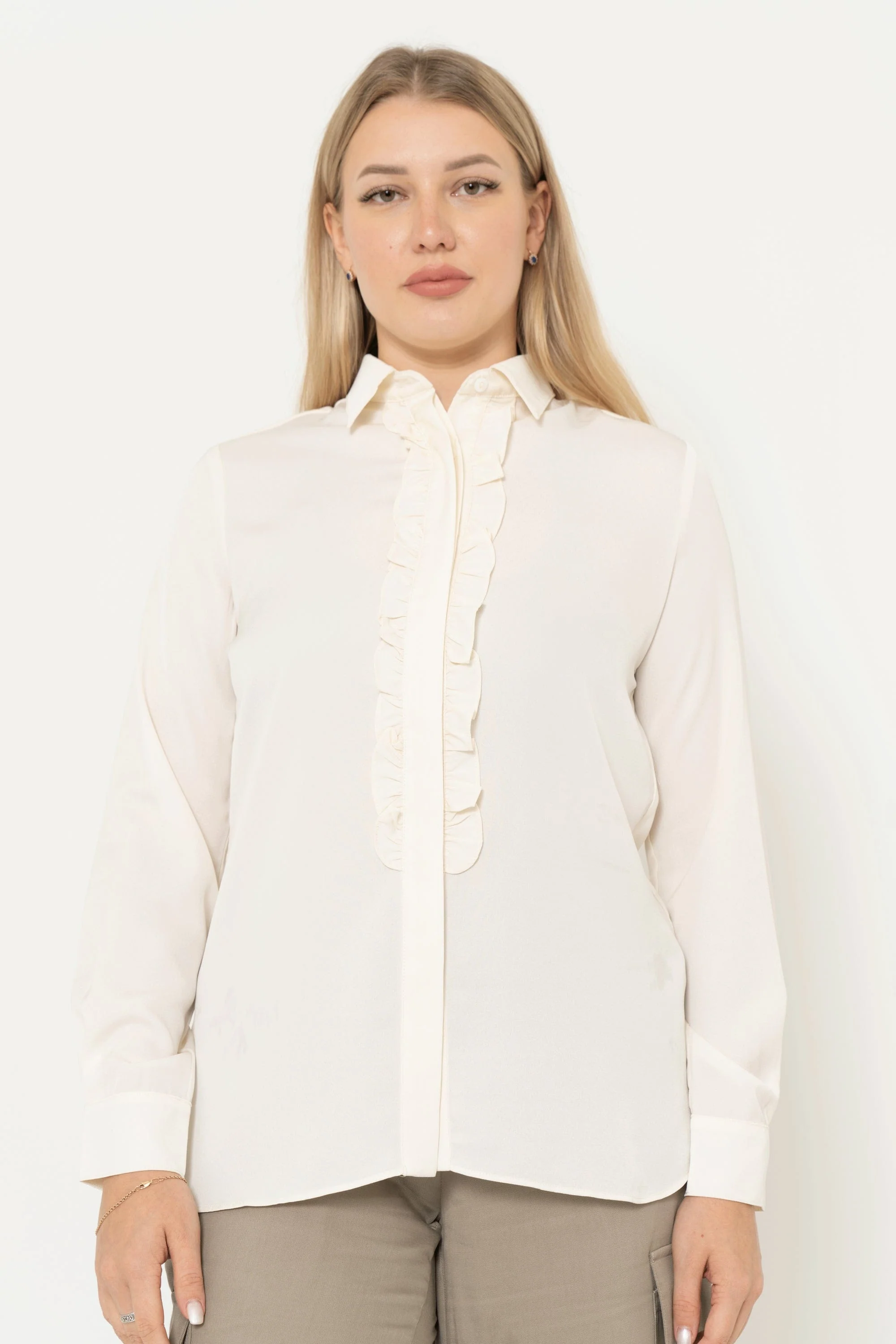 Long Sleeve Solid Color Blouse With Ruffled Buttons At The Front - Image 2
