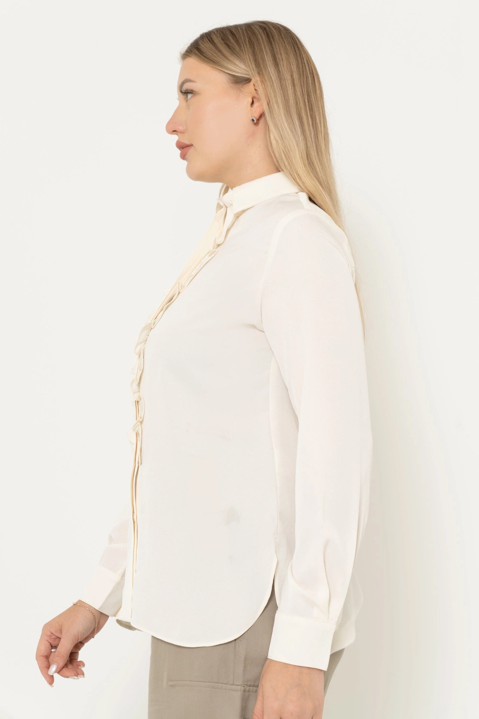 Long Sleeve Solid Color Blouse With Ruffled Buttons At The Front - Image 3